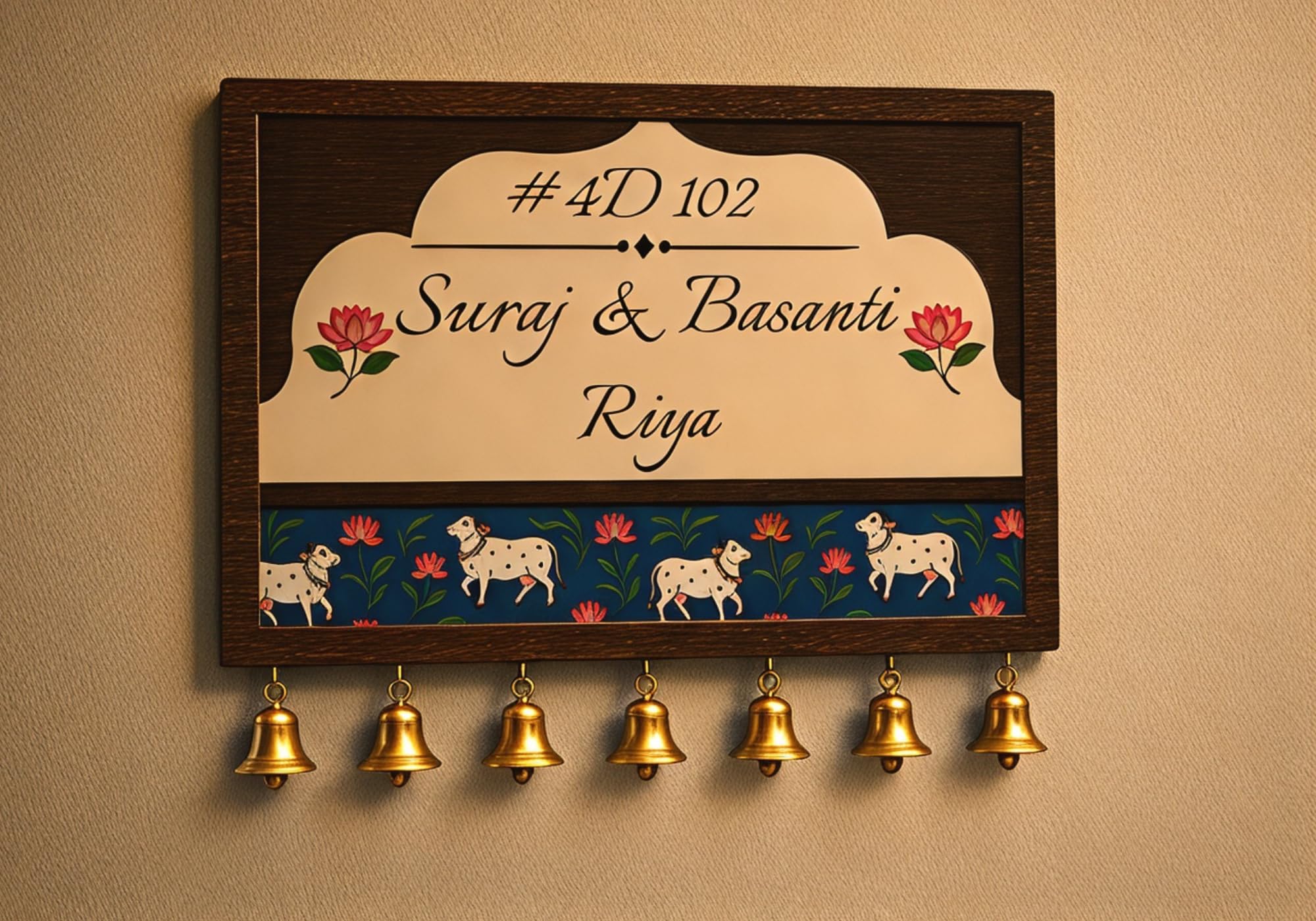 Webelkart Wooden Customised House Name Plate With Golden Bell For Home Entrance Outdoor - Door name plates | Name Plate Office Entrance (14 x 10 inches) Customized name plate (Cow Designs) — Amazon image 5