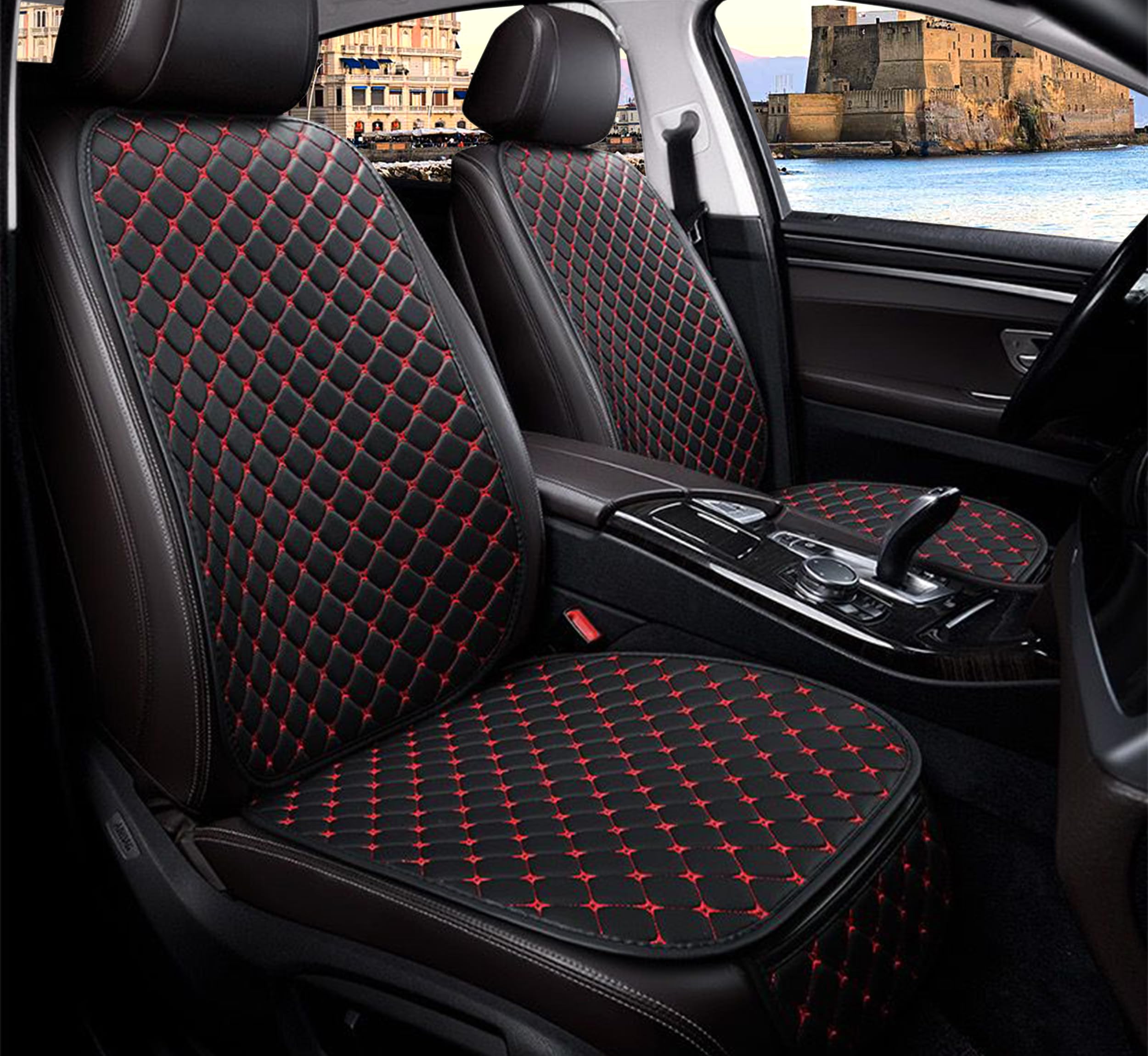 Auto Accessori Lupex Housse de siège 3 pièces Universelle pour Voiture, Protection de siège 2 Avant et 1 arrière | Protector Comfort Automotive Coussin intérieur (PVC - Noir Rouge - 7 pièces)