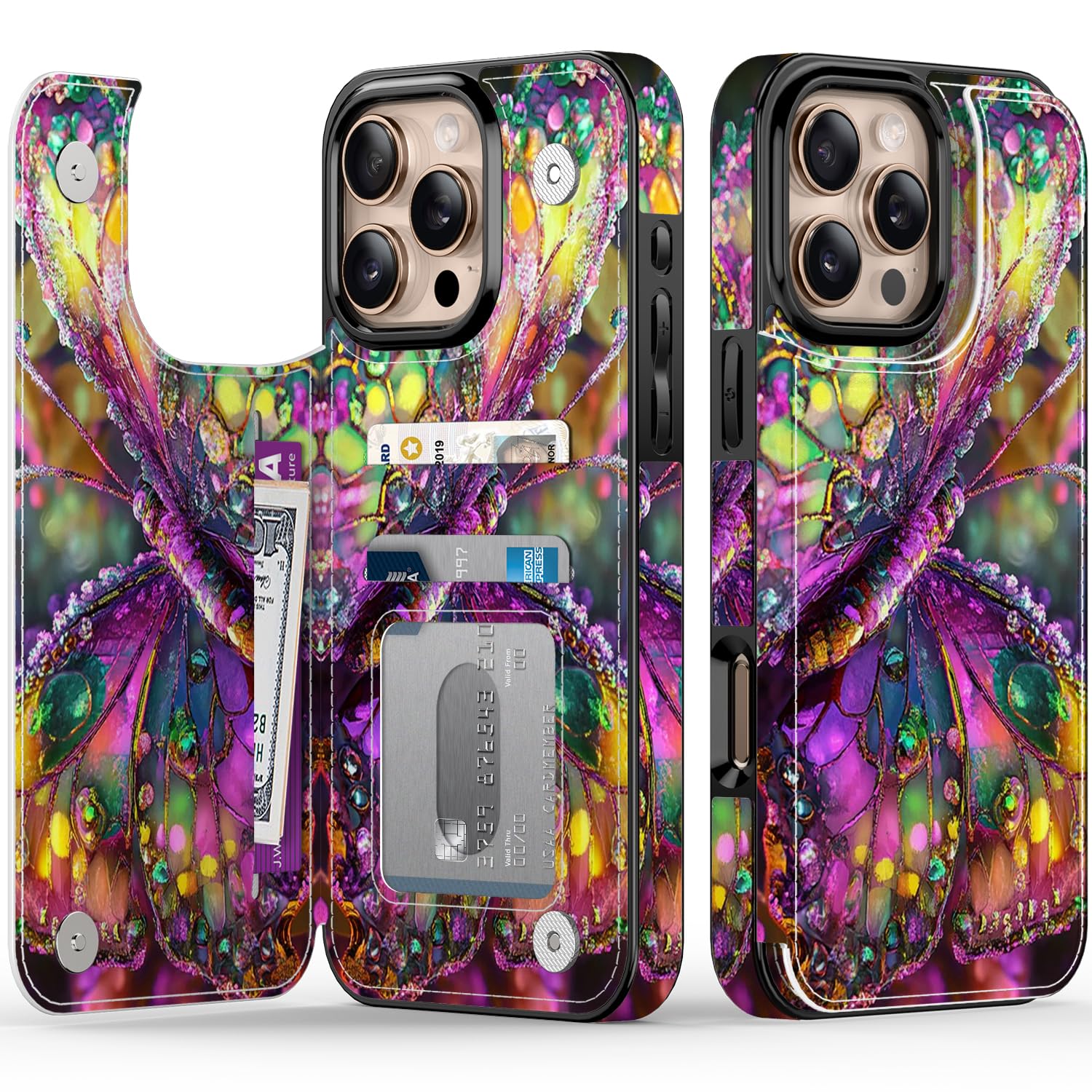 FUNMIKO for iPhone 16 Pro Wallet Case with Card Holder, RFID-Blocking, Military-Grade Protection & UV-Printed Artwork, Magnetic Closure with Leather