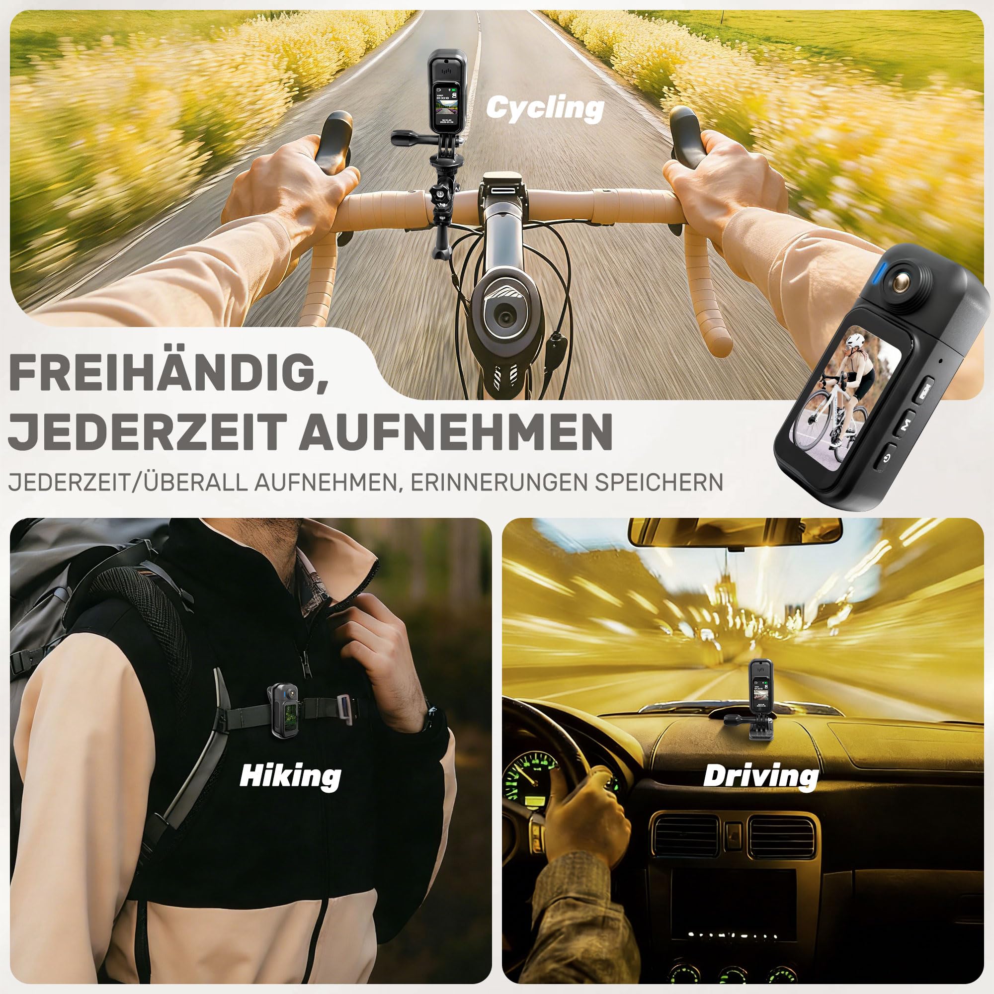 Mini Action Cam 1080P,Body Cam für Outdoor | Wasserdicht 30M,180 Min Akku,Körperkamera Mini mit 180° Objektiv,1,47 Zoll Berührbar Display Vlog Kamera Fahrrad,Reisen