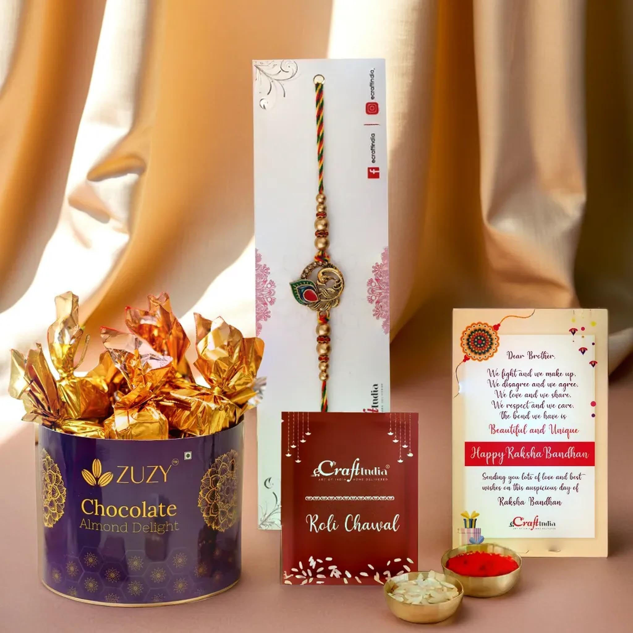 eCraftIndia Golden Peacock Feather Designer Rakhi for Brother with Chocolate, Zuzy Almond Chocolate Box, Rakhi with Chocolate Gift - Roli Chawal Pack, Raksha Bandhan Greeting Card-image-19
