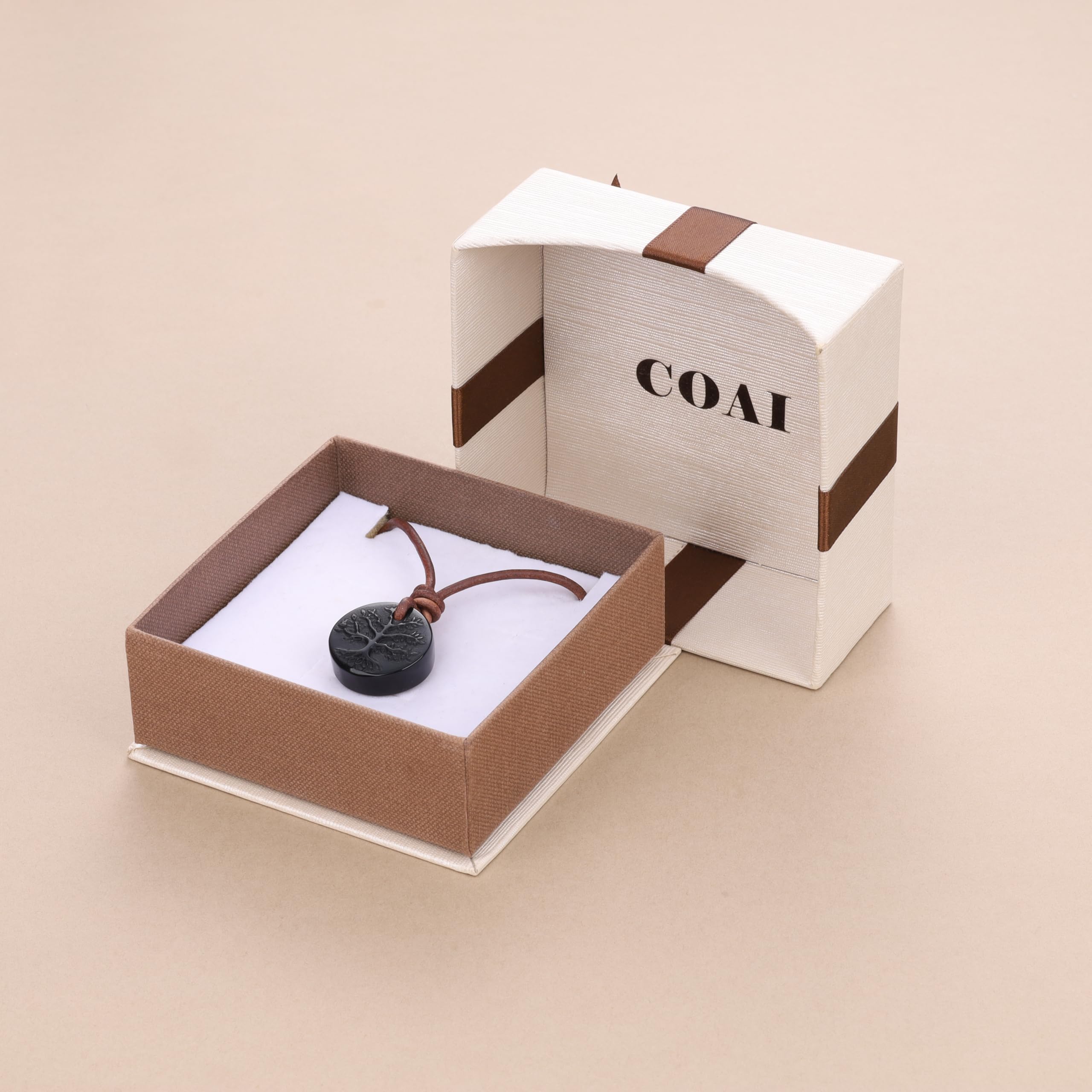 COAI Collier Cuir Homme/Femme, Pendentif Obsidienne Noire, Pendentif Arbre de Vie
