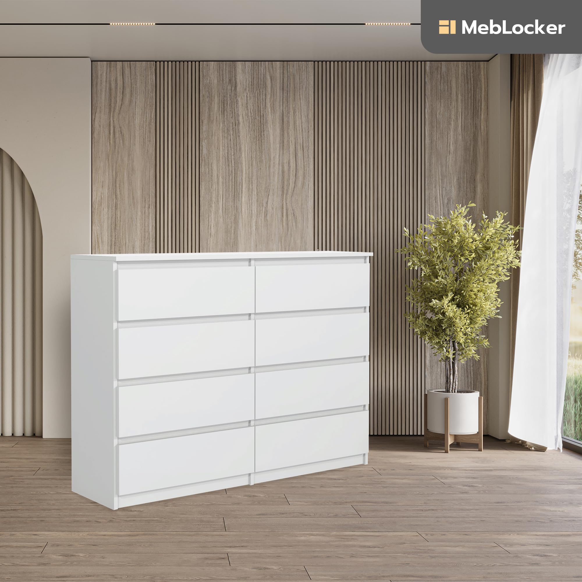 Commode 8 Tiroirs Blanc 120 cm - Design Minimaliste - 120 x 39 x 78,5 cm - Meuble de Rangement Spacieux pour Chambre, Salon ou Bureau