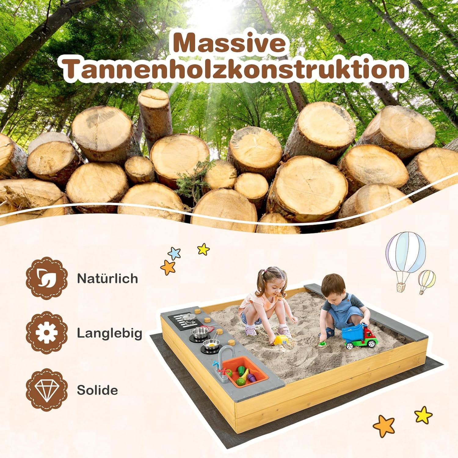 FANTASK Sandkasten aus Massivholz, Sandkiste mit 9 Küchenzubehör & Wasserhahn & Waschbecken, Sandbox inkl. Bodenplane