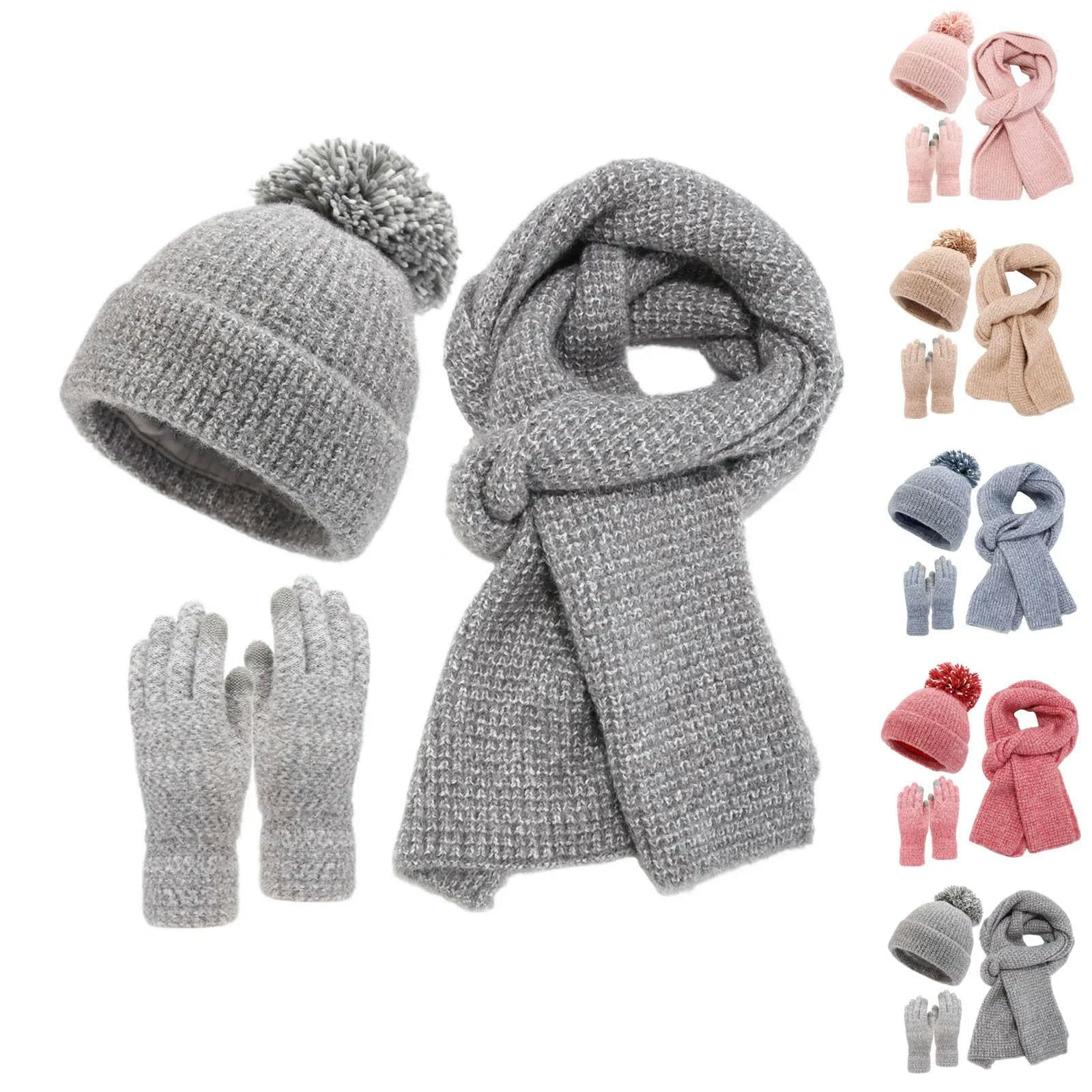 Mütze, Schal & Handschuh-Sets Für Damen 3-teiliges Strickset Mit Mütze, Schal Und Handschuhen,wintermütze Und Touchscreen-Handschuhe Für Herbst Winter-Khaki-eine Größe