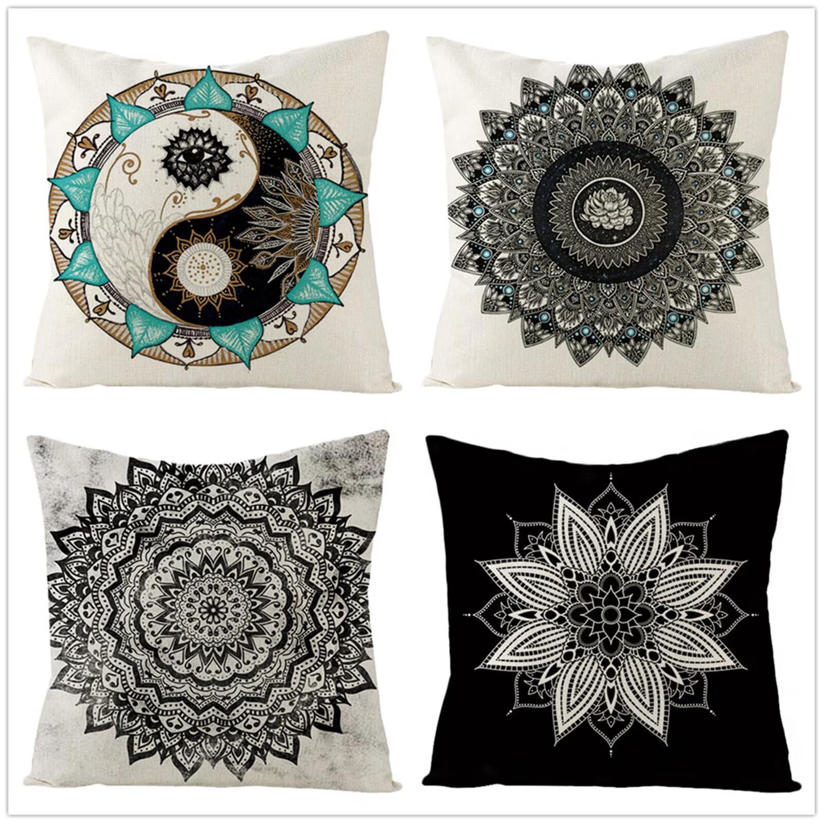 Juego de 4 Impermeable Funda de Cojín Flores de Mandala,65x65cm Moderno Suave Transpirables Lino Fundas de Almohada Cojines Decorativos con Cremallera Oculta para Exterior Sofá Cama Coche Hogar