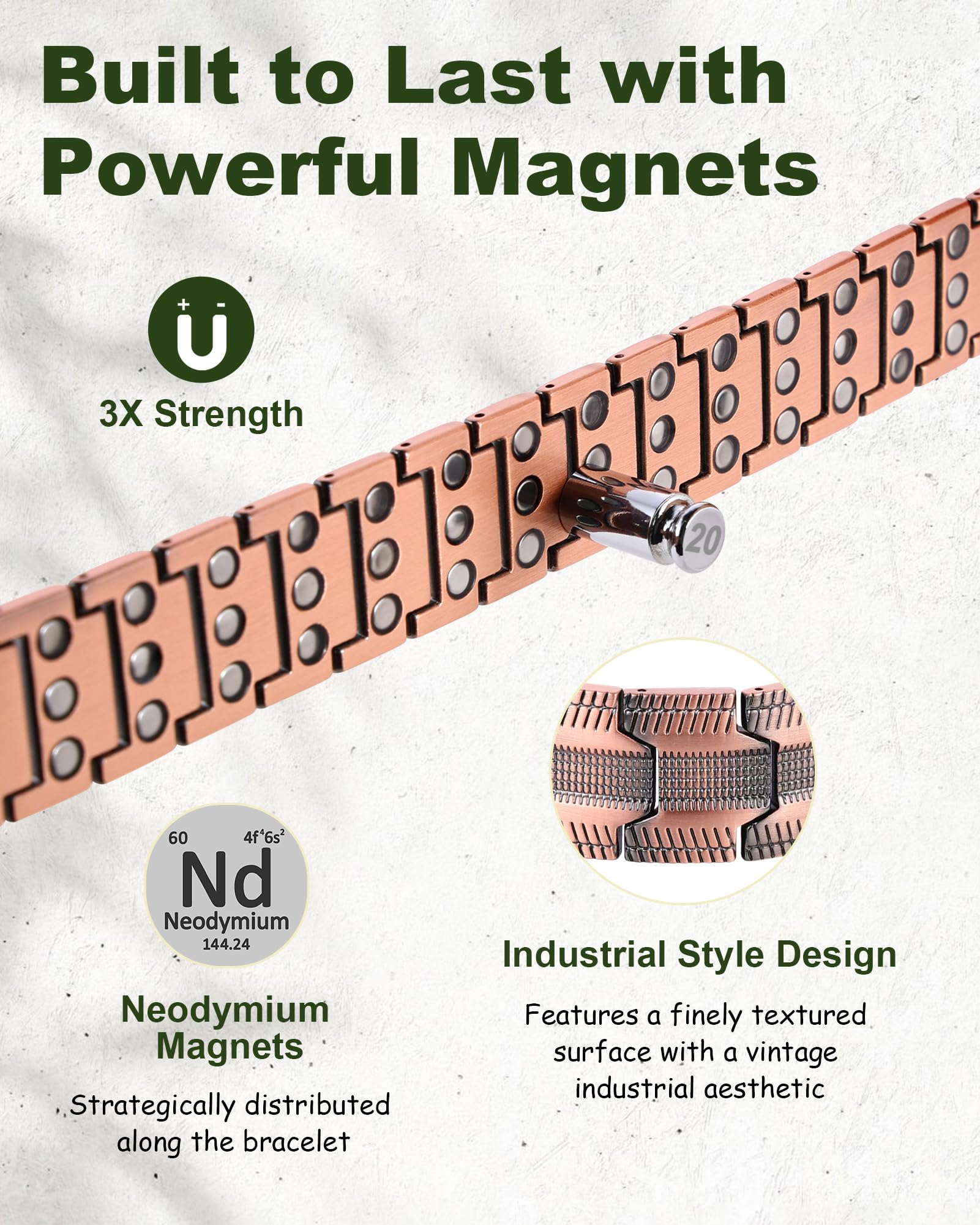 MagEnergy Bracelet en cuivre pour homme - Trois aimants ultra puissants - Design masculin - Bracelet magnétique en cuivre pur - Longueur réglable avec outil de réglage de la taille, Eine Grösse