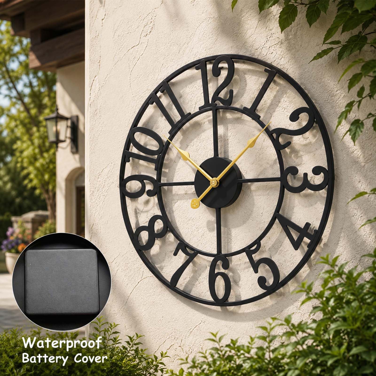 Grande horloge d'extérieur étanche de 76,2 cm pour terrasse – Horloge extérieure arabe pour patio, porche, piscine – Horloge murale décorative rustique en métal noir avec mouvement à quartz
