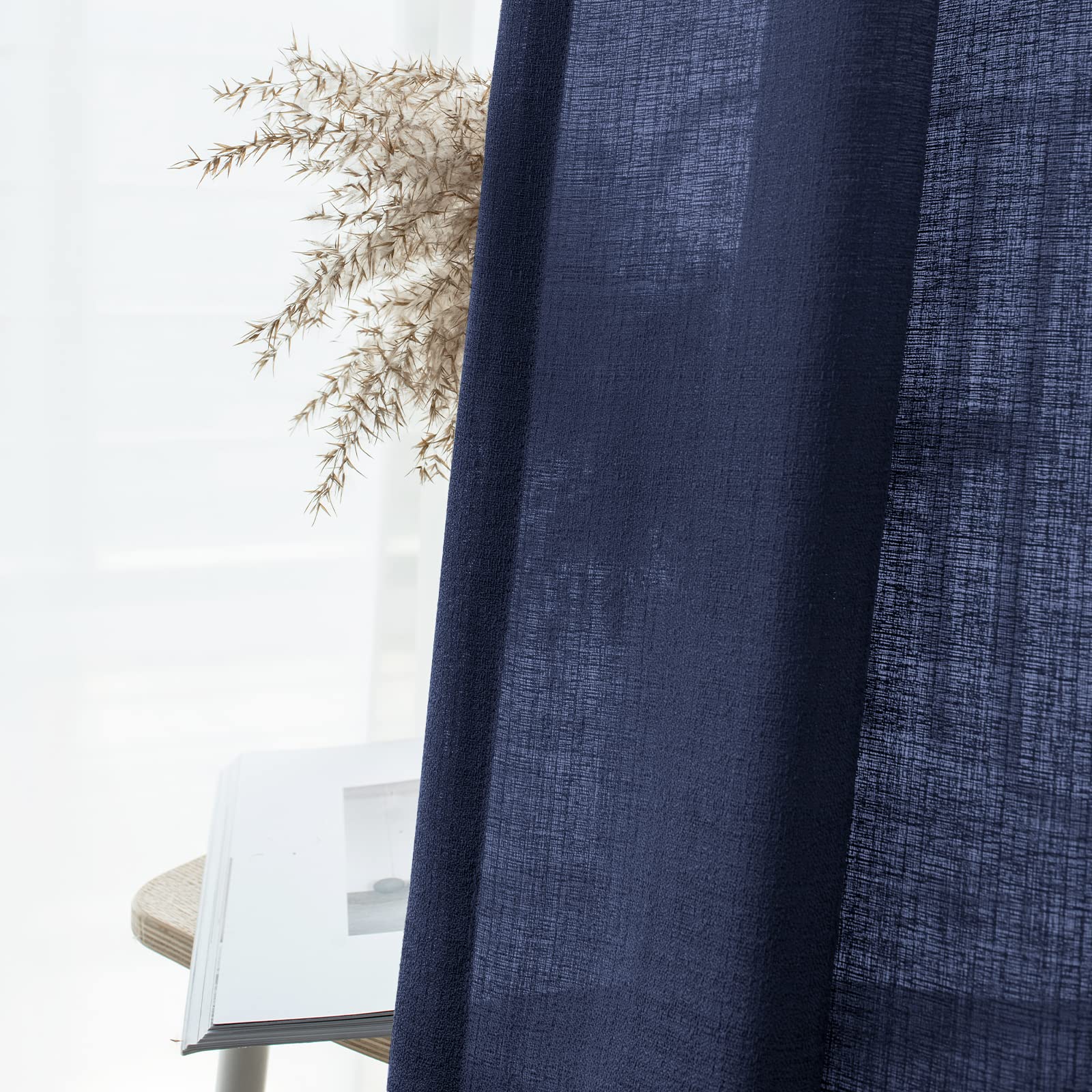 Melodieux Navy Semi Sheer Curtains 108 Inches Long for Living Room Bedroom Extra Long Linen Look Rustic Grommet Voile Drapes - Image 4
