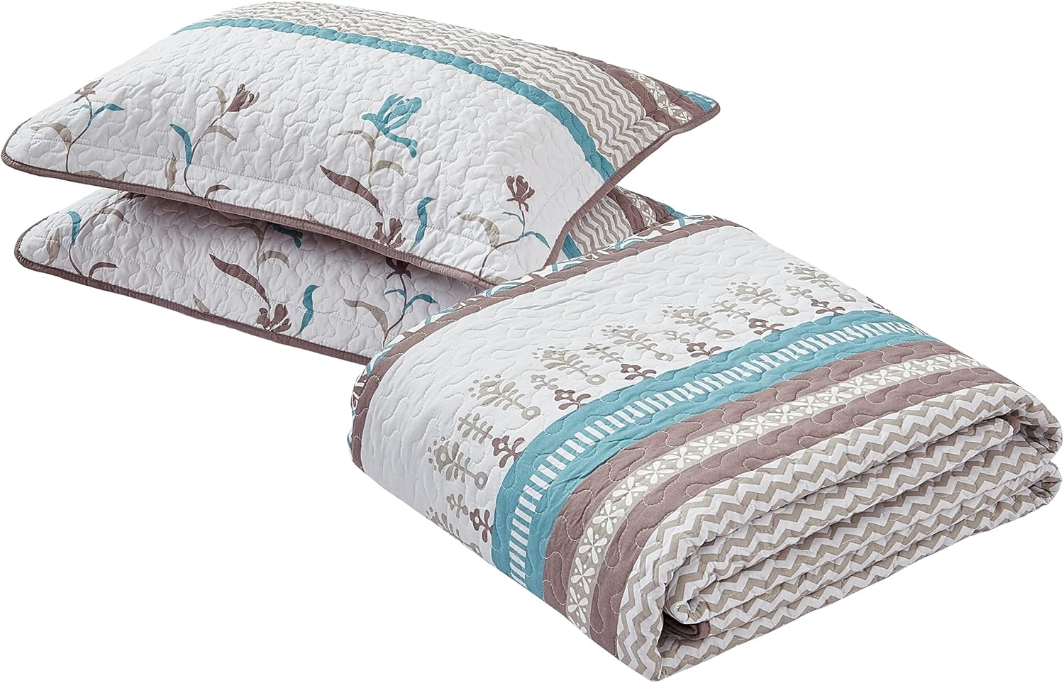 All American Collection 3 PC Floral Printed Brown and Turquoise Reversible Bedspread Quilt Set Coverlet and Pillow Sham Set Full/Queen Size - Image 2