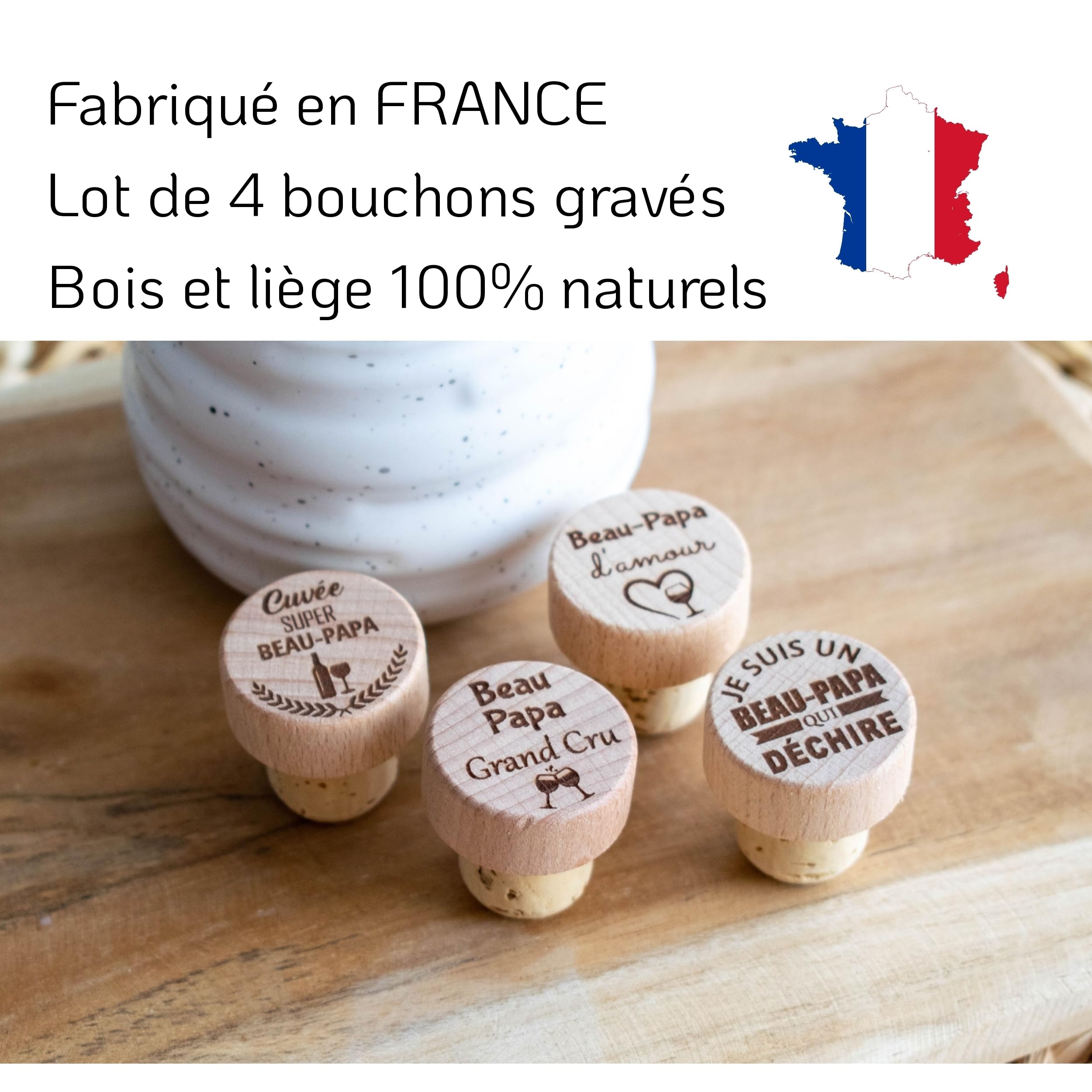 ERNESTINE - Lot 4 bouchons beau papa fête des pères - cadeau beau-père - idée cadeau fête des pères - cadeaux bouteille bouchon à vin - bouchon personnalisé - cadeaux homme anniversaire accessoire vin