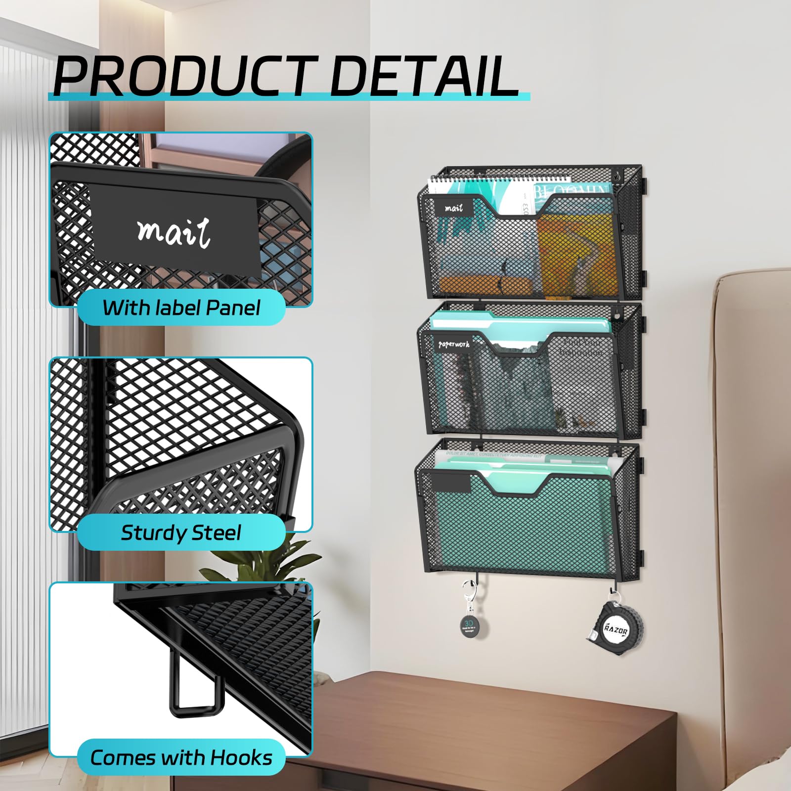 SUPEASY Porta documenti magnetico, confezione da 6 cartelle portadocumenti, senza fori, porta documenti e raccoglitori per casa/ufficio (con pannello per etichette, 14 ganci adesivi da parete)