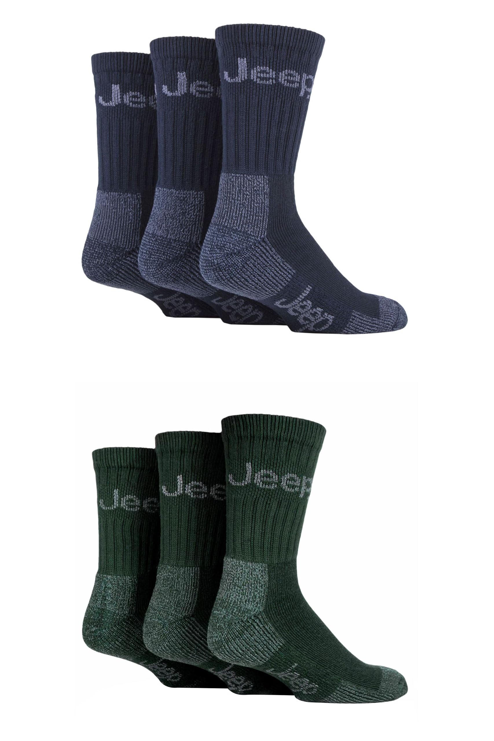 Jeep Men's Navy/Forest Cotton Boot Socks - Luxury Terrain Calf Length Plain With Logo,Ribbed, Cushioned & Chunky For Walking, Hiking, Trekking & The Outdoors Size 6-11 6 Pair Multipack