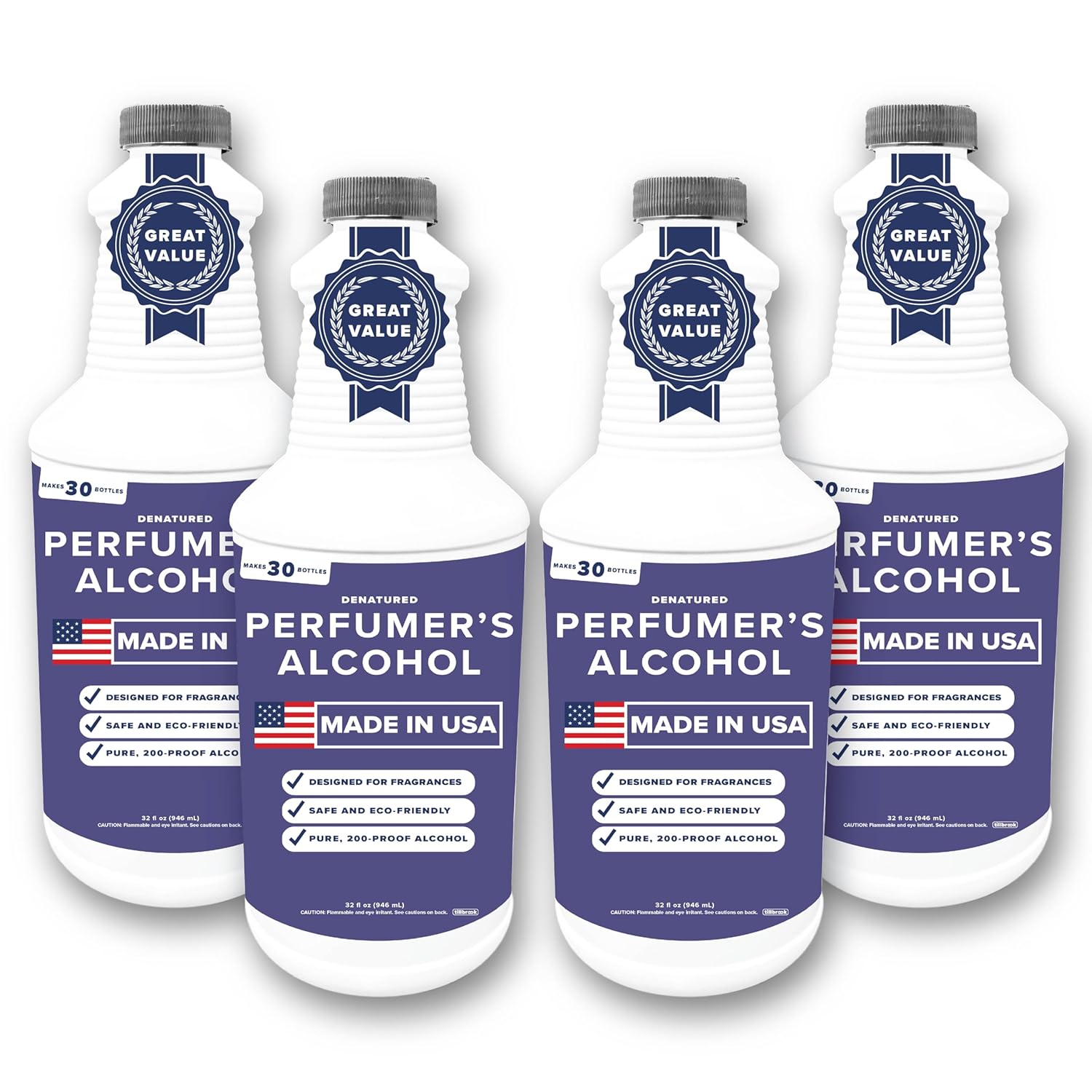 Perfumer’s Alcohol - FOUR PACK - 32 oz Tillbrook Perfume Grade Alcohol for Fragrance Making Kit - 200 Proof Denatured Ethanol - Base for Making Luxury Perfume - No Methanol & No Fermentation Scent - TSDA SD-40b