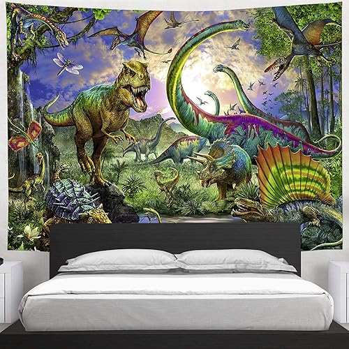 Miniatura 4 de Tapiz decorativo de bosque de dinosaurios jurásicos, divertido póster de T-Rex, animales antiguos, tapices de cuento de hadas para colgar en la