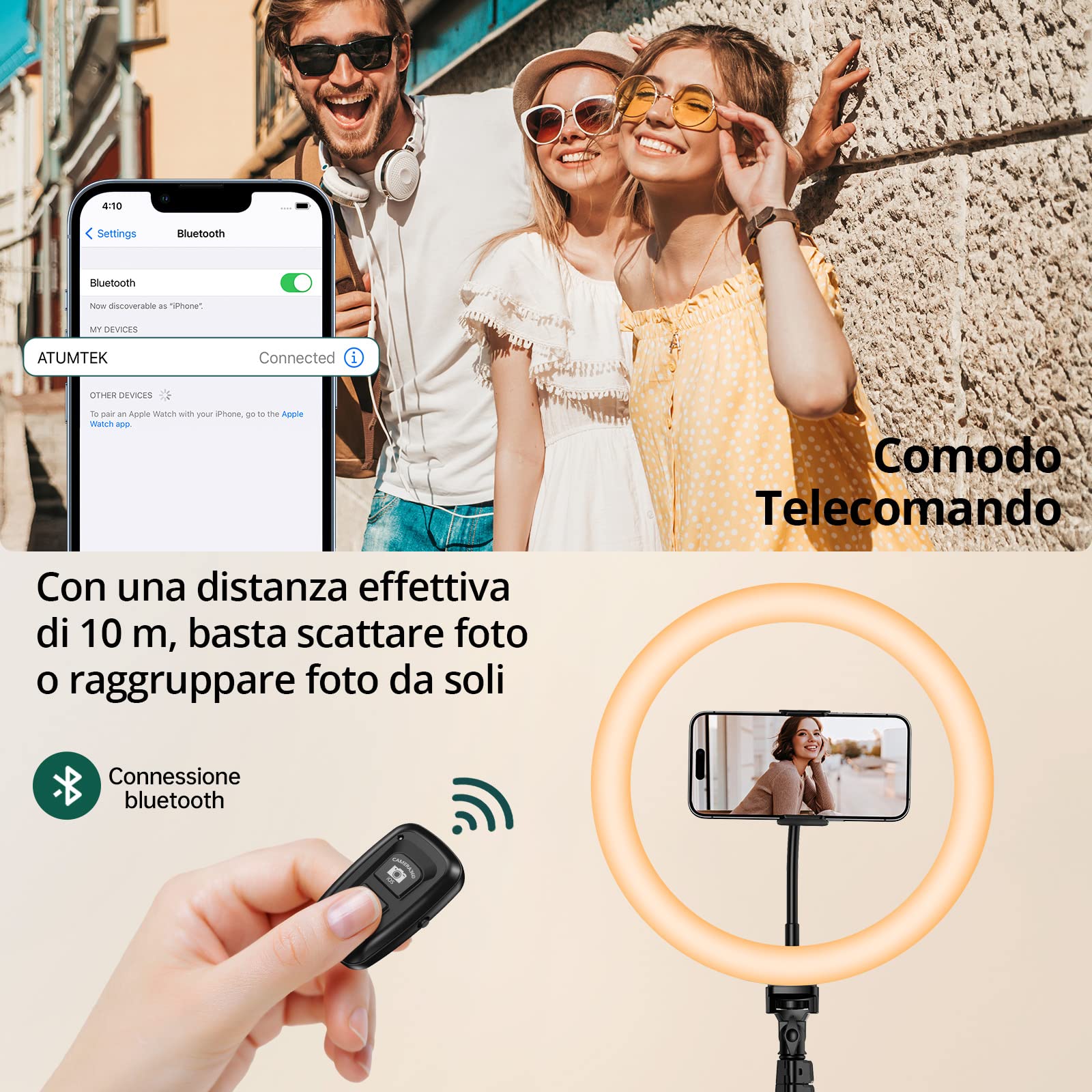 ATUMTEK Ring Light 12" con Treppiede 160 cm, 3 Modalità di Colore & 10 Livelli di Luminosità, Luce LED per Selfie, Trucco, Fotografia, YouTube, Streaming e Video
