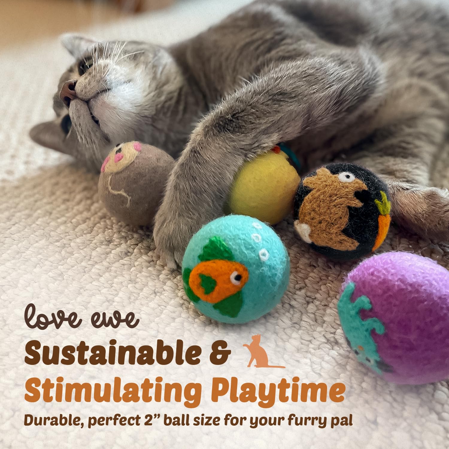 Hustle & Blush Love Ewe - Suministros para mascotas, juguetes para gatos, 100% lana de Nueva Zelanda, juguetes para gatos, gatitos, mascotas pequeñas, bolas de lana coloridas hechas a mano para gatos