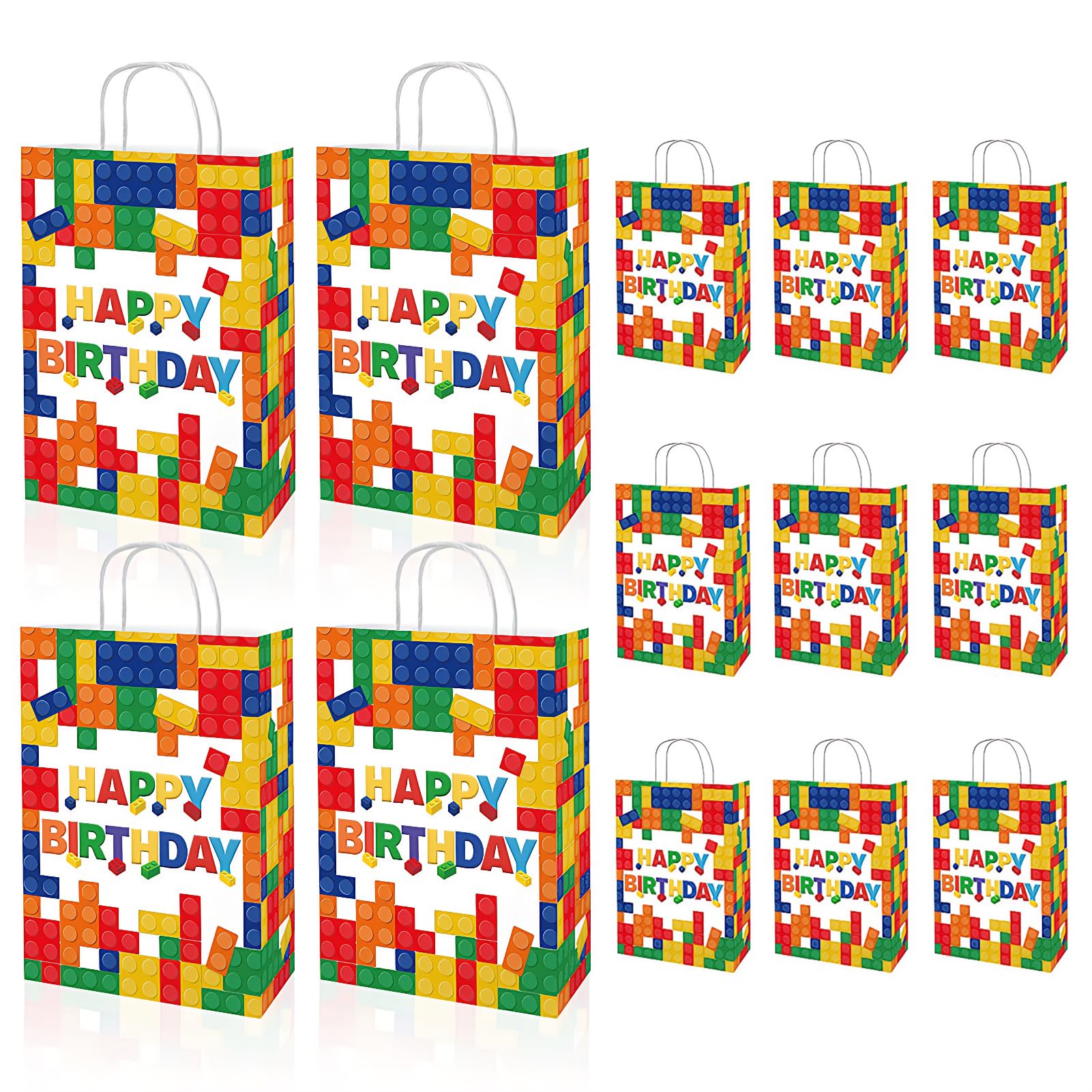 Chicpant 12Pcs Building Block Happy Birthday Gift Bags Paper Gift Bags With Handles For Birthday Wedding Baby Shower Building Block Partys Decoration Supplies Celebration