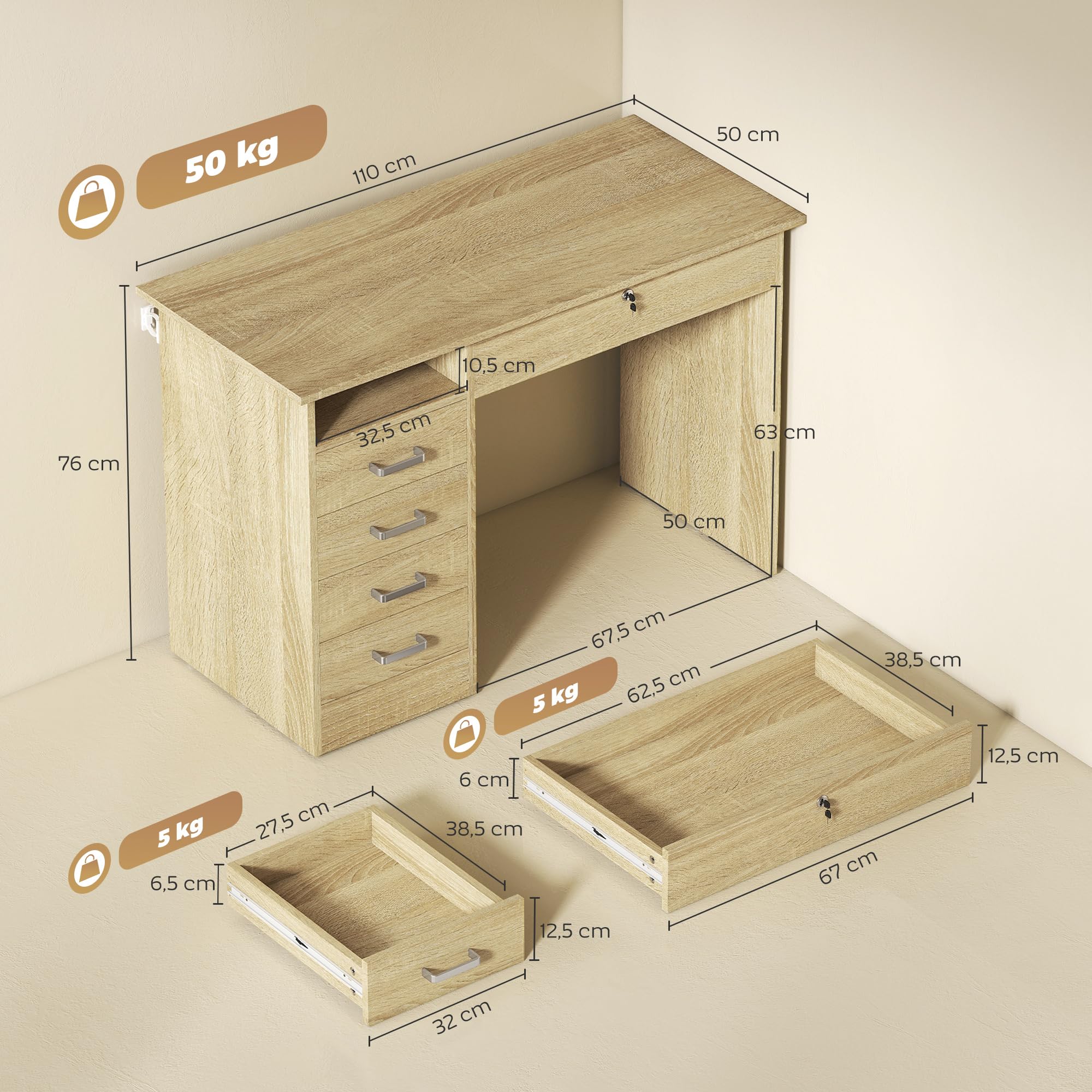 HOMCOM Tavolo per computer moderno con 5 cassetti, ampio piano, 1 scomparto aperto, cassetto con serratura, 110 x 50 x 76 cm, rovere