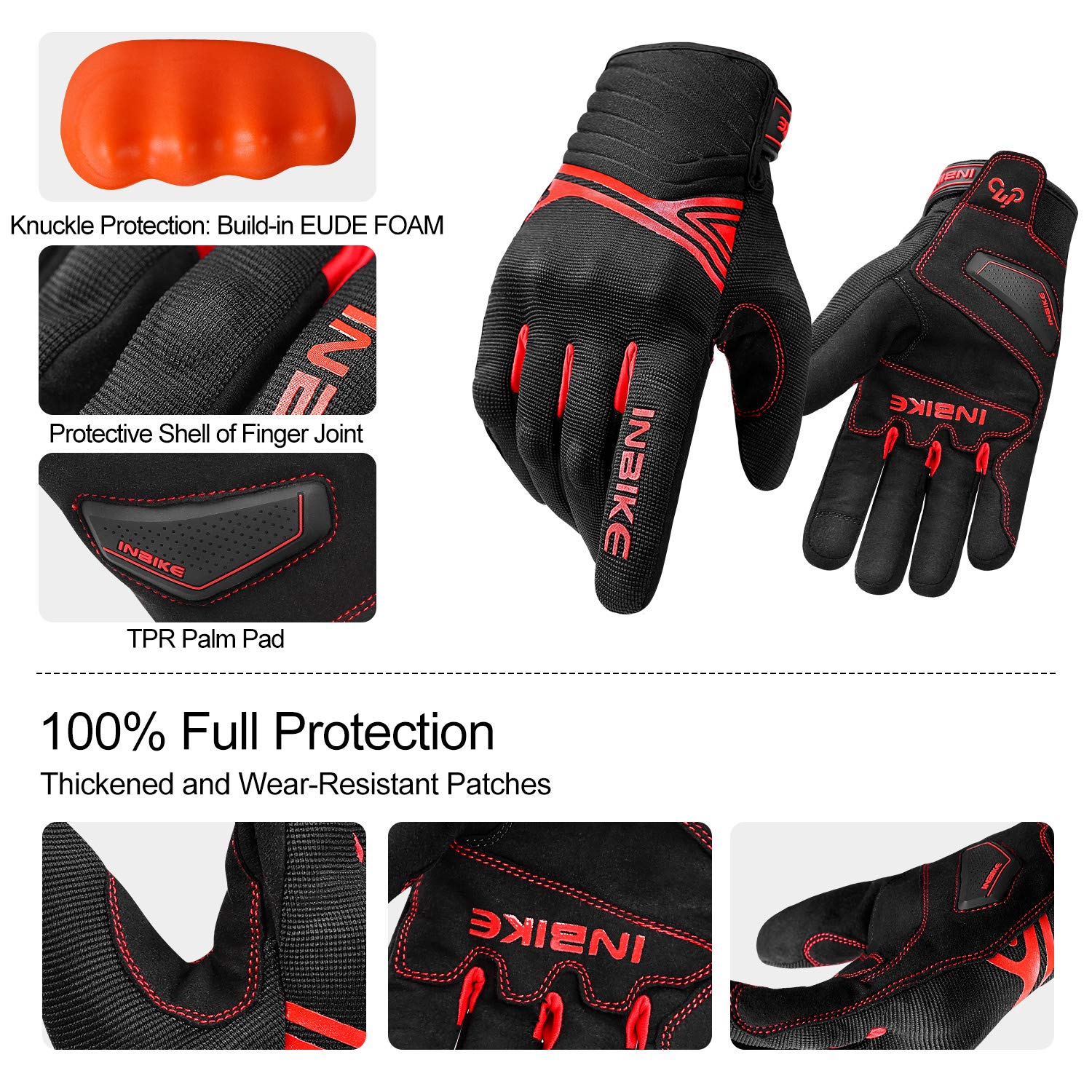 INBIKE Gants de moto d'hiver imperméables en polaire thermique avec rembourrage en TPR pour paume de la main Rouge Taille L