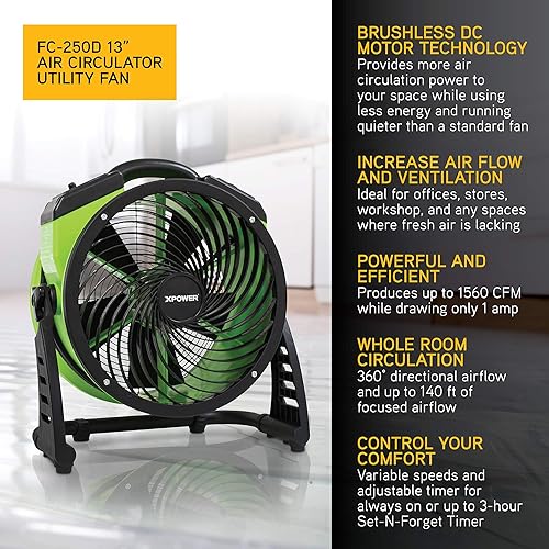Miniatura 2 de XPOWER FC-250D - Ventilador de suelo de circulación de aire industrial de alta velocidad para toda la habitación, motor de corriente continua,