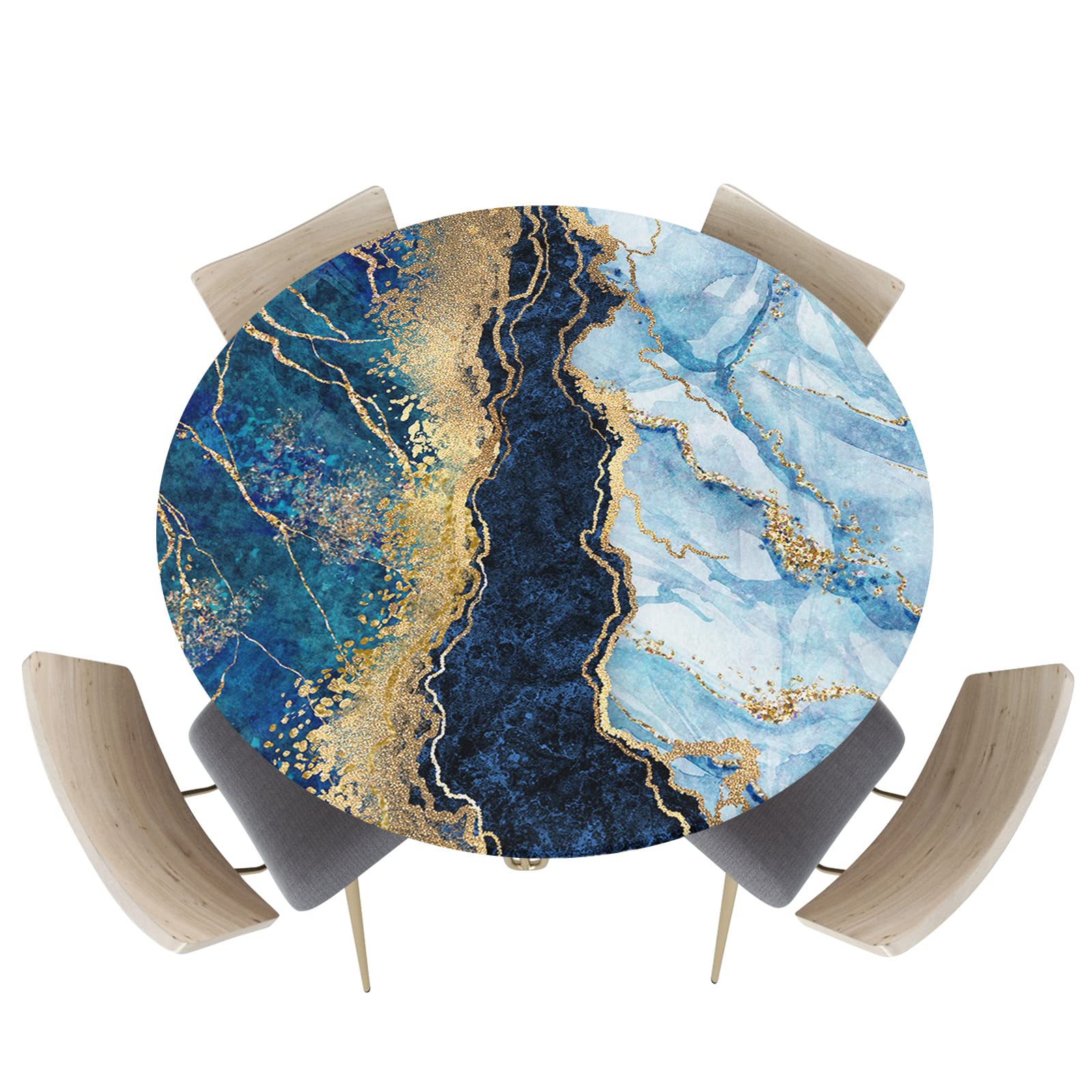 Yun Nist Marble Table Cloth Round Kitchen Table Covers with Elastic Edge,Blue Gold Gradient Fitted Table Cloth for Round Tables Waterproof Tablecloth for Indoor Outdoor Picnic Party 45-54in
