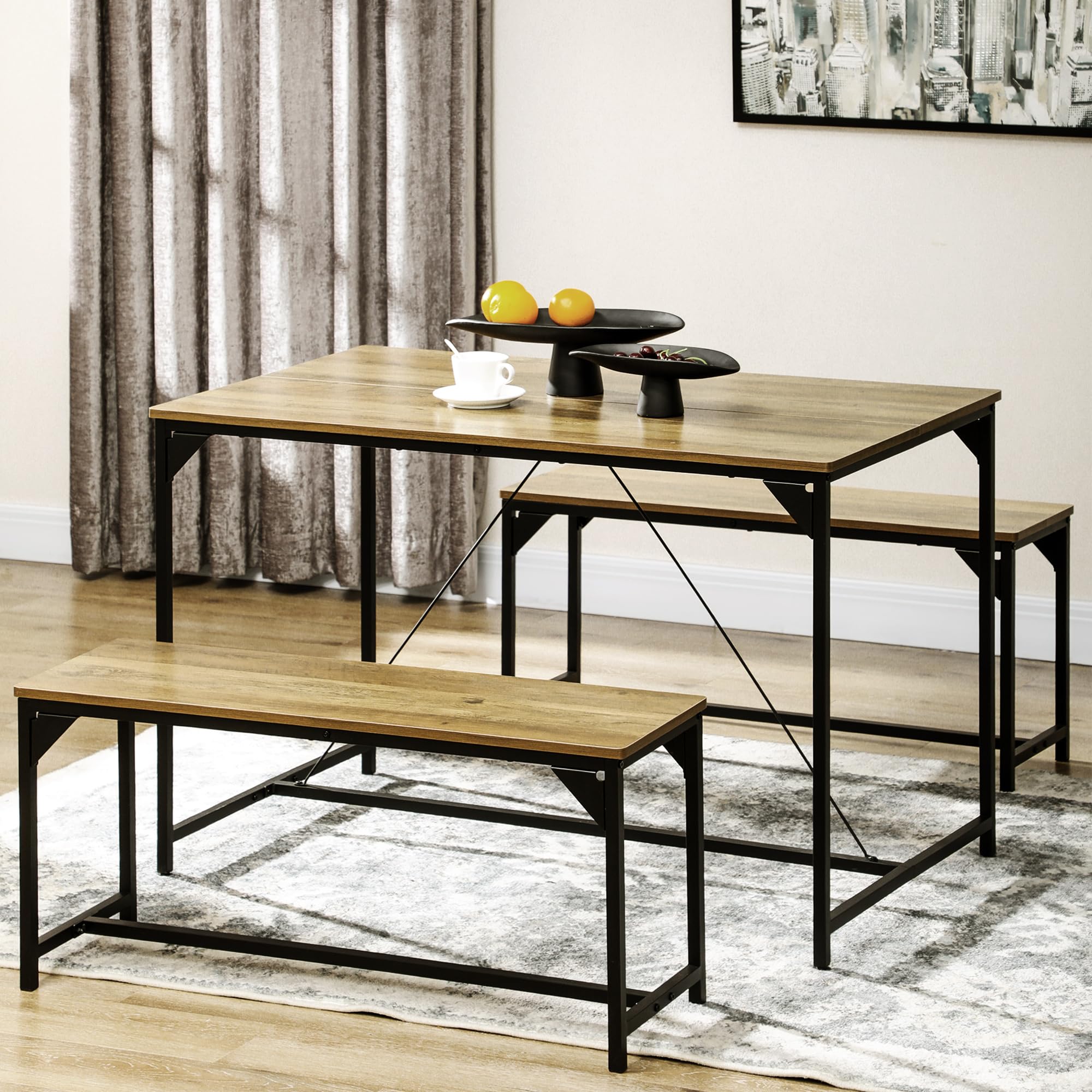 HOMCOM Ensemble Table à Manger et 2 Bancs Acier 120x70x75 cm Banc 100x30x45 cm 4 Personnes Cuisine Salle à Manger Naturel Noir