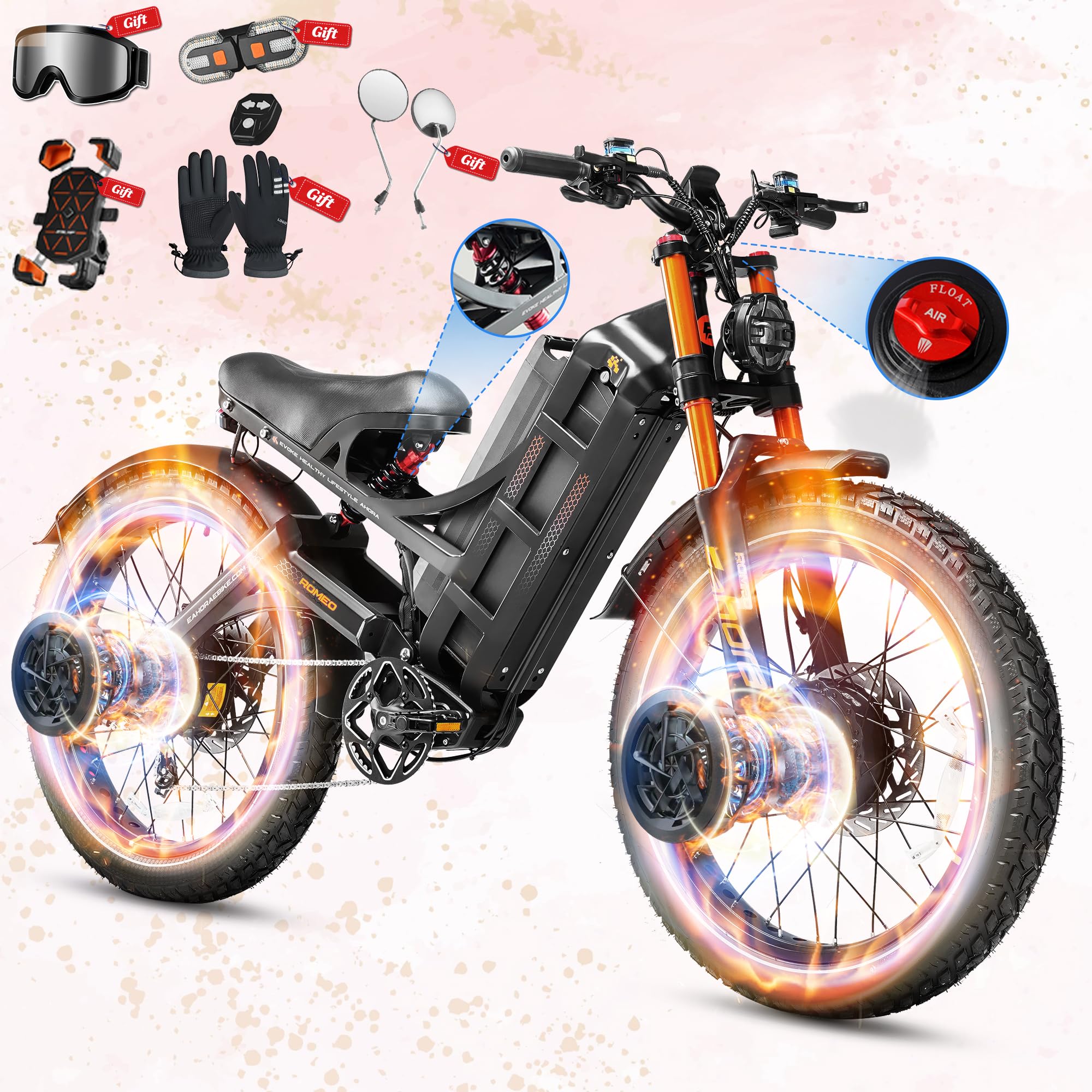 2026 Romeo Pro 3/2 50-46Mph Electric Bike for Adults 5600W/4000W/2500W Dual Motor Ebike 60V/80Ah 52V/70Ah Long Range Fat Tire Full Suspension Electric Mountain Bicycle