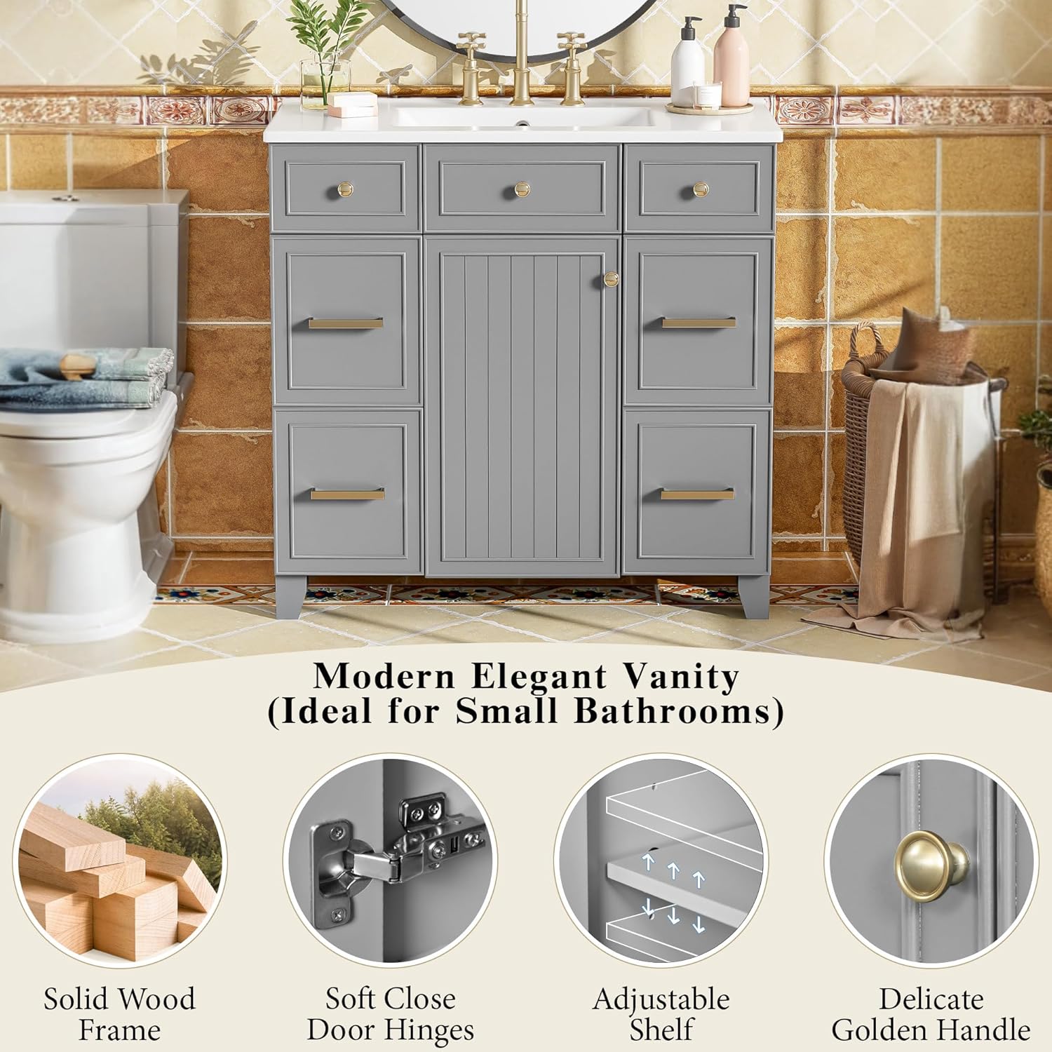 36" Bathroom Vanity with Ceramic Sink Countertop 1 Soft Close Doors 4 Drawers Adjustable Shelves Undermount Basin Vanity with Storage (Grey)
