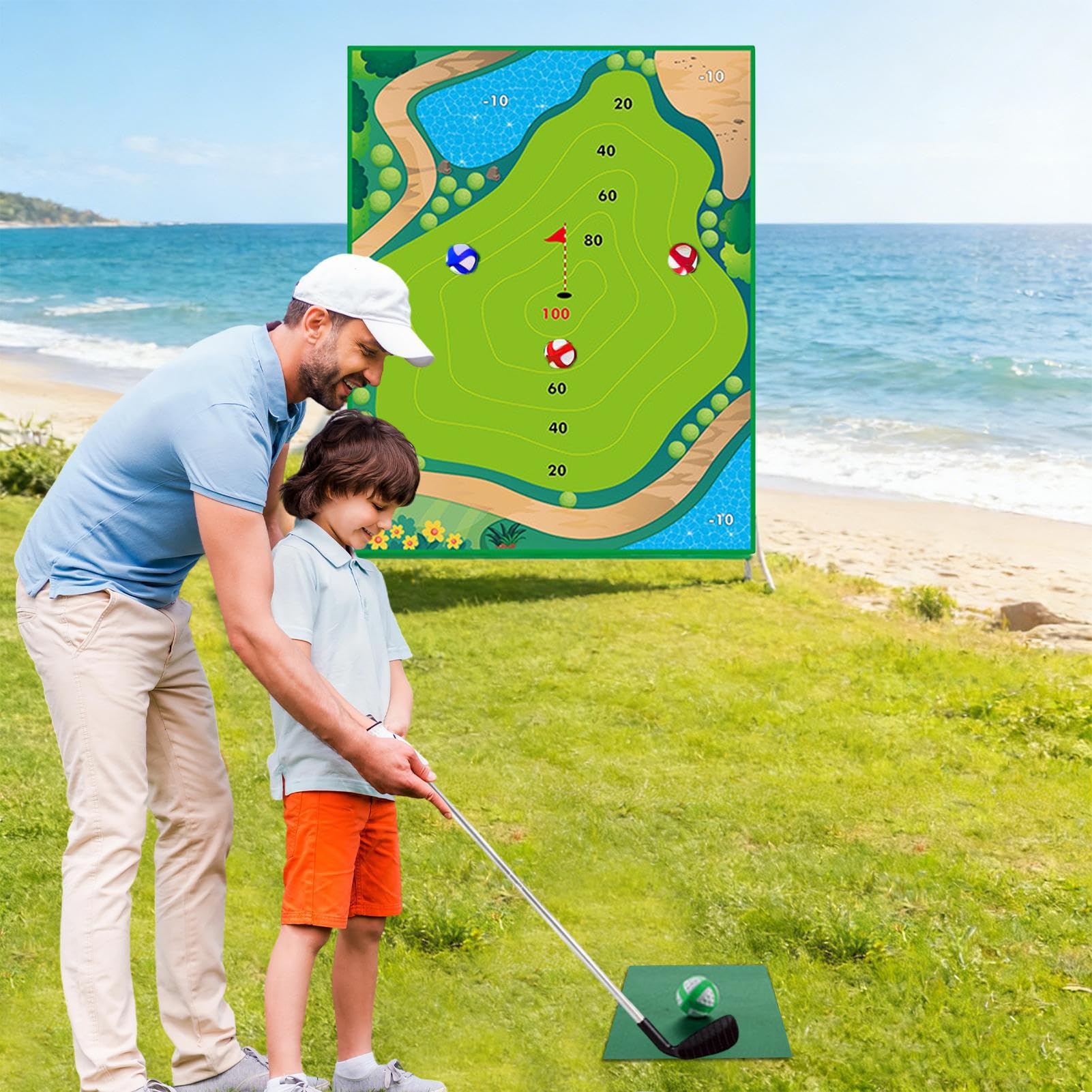 Chipping Game, Kids Sticky Golf Set, 120x150cm Large Play Mat, Reusable Practice Equipment, Putting Green Trainer with Casual Style, Game Set for Beginner Adults Family