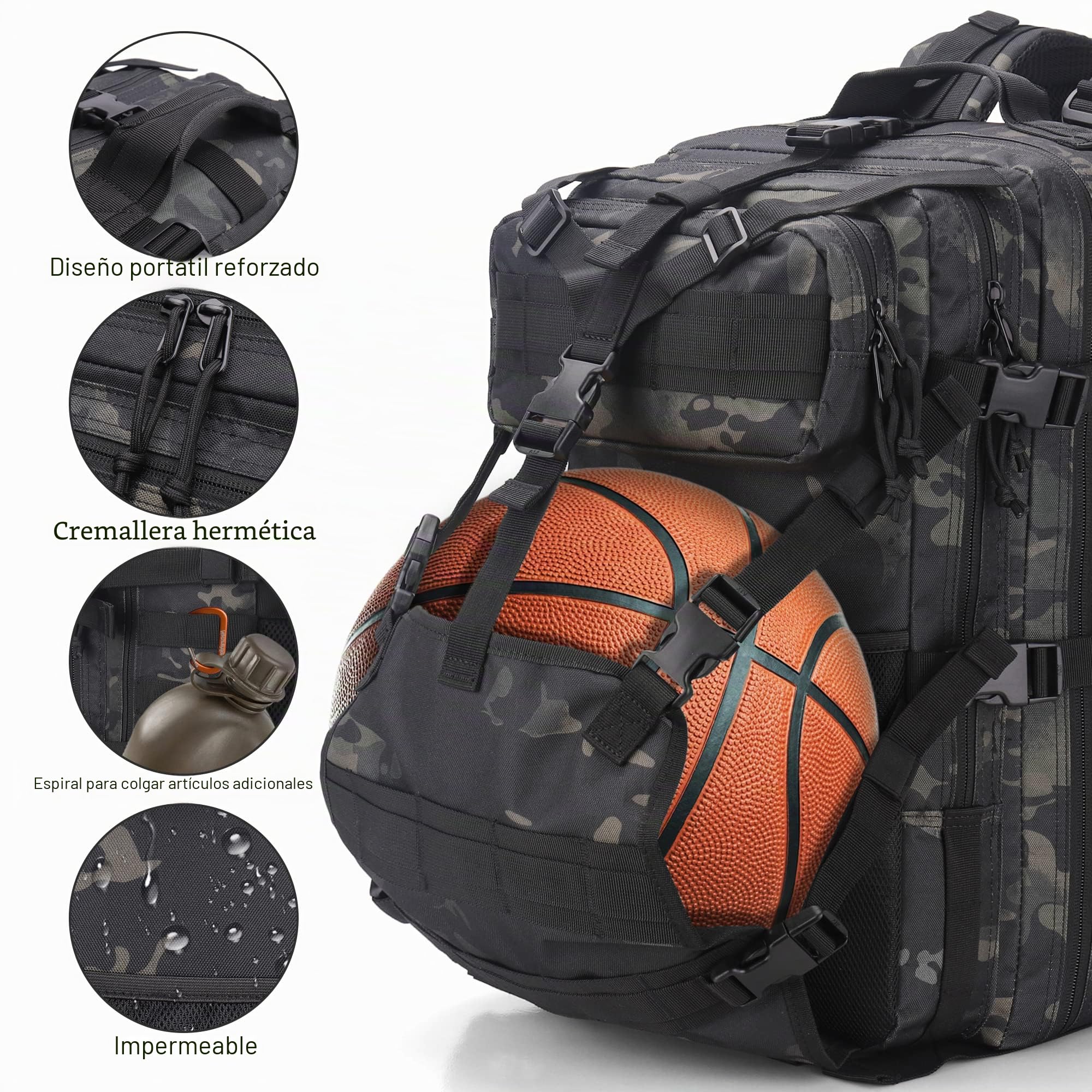Mochila Moto Hombre, Mochila Militar Tactica 45L, Negra Impermeable Bolsa Casco Moto, Portátil Mochila Trekking para Supervivencia, Acampada