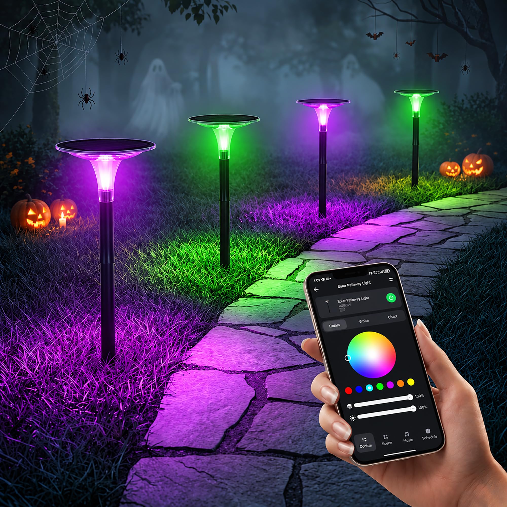 BrizLabs Halloween Solar Pathway Lights Outdoor, RGBCW Smart LED Path Light