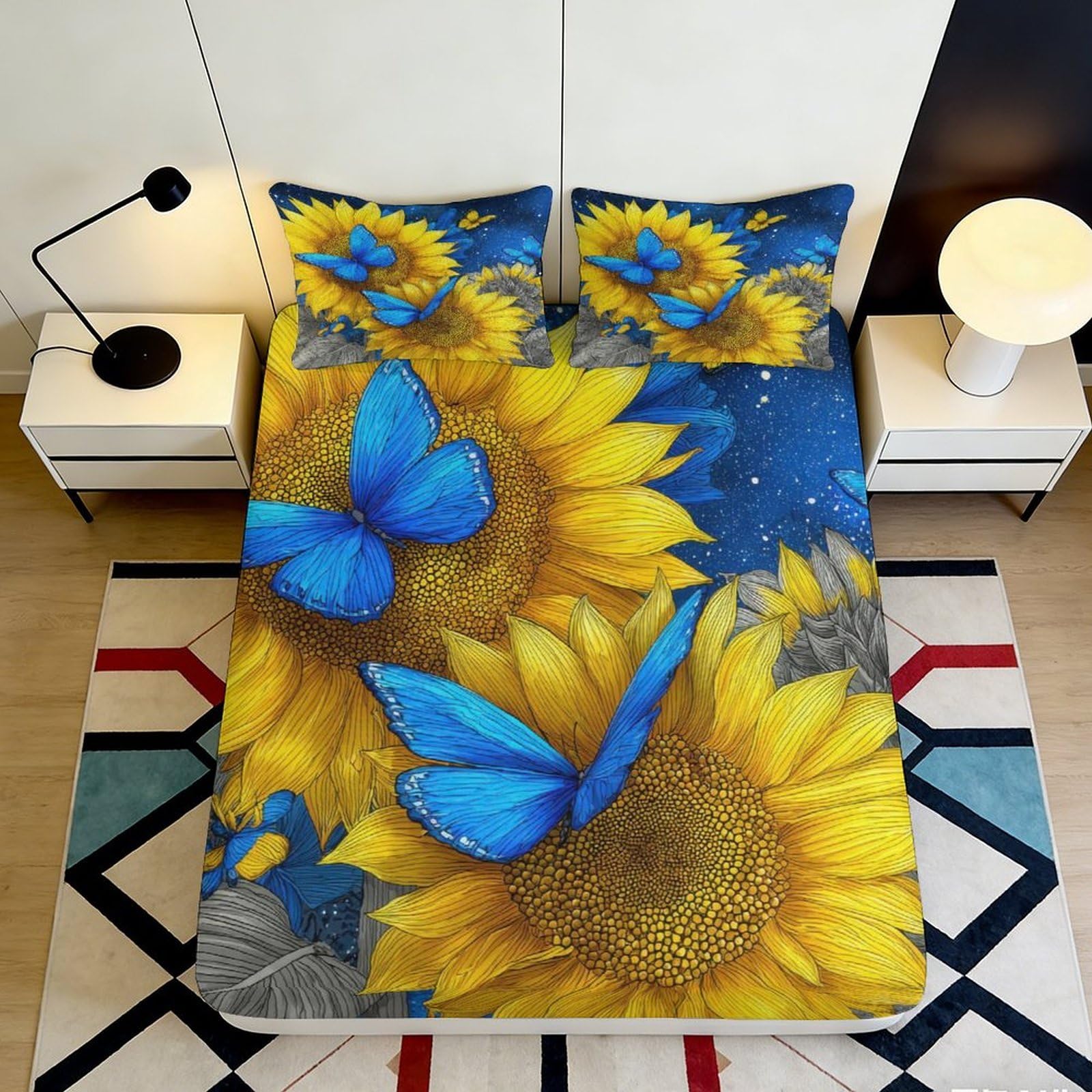 3D Printed Sunflower Blue Butterfly Fitted Sheet Microfiber Soft Breathable Floral Bed Cover for Bedroom Dormitory Guest Room Mattress Protection Decor 160x200x25cm