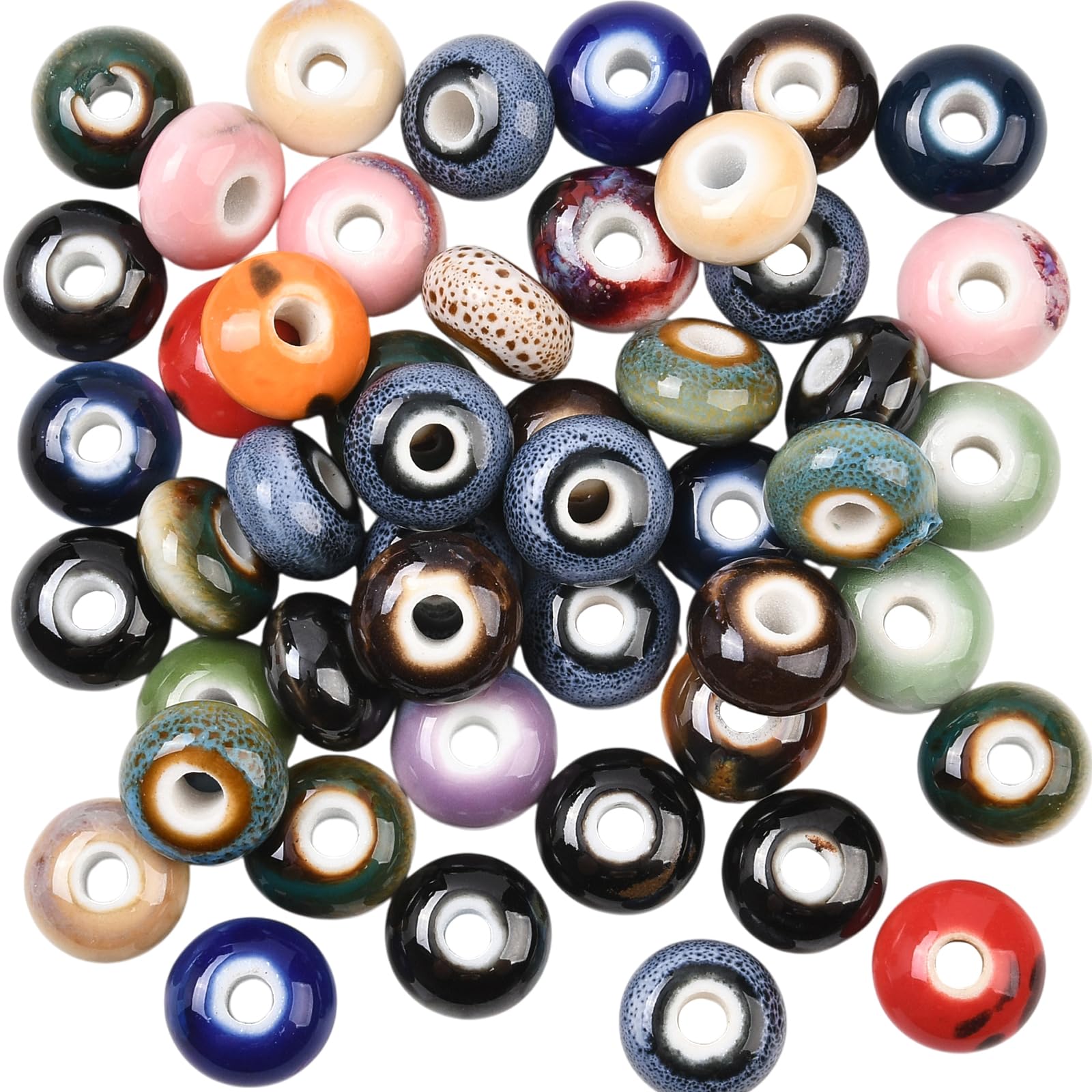 WEWAYSMILE 50Pcs 12mm Ceramic Spacer Beads for Jewelry Making Vintage Porcelain Large Hole Beads Handmade Bright Glazed for DIY Bracelets Necklace Earrings Crafts