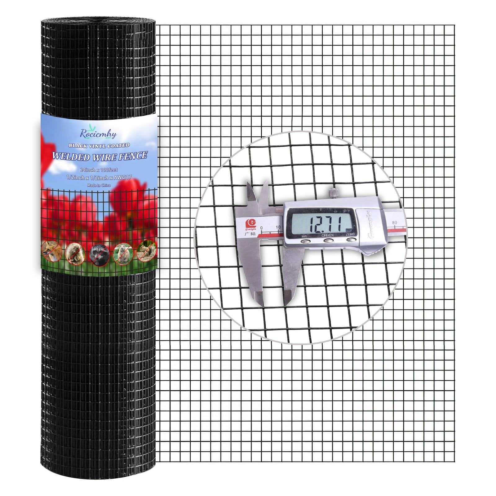 Black Hardware Cloth 1/2 Inch 24x100ft 19Ga,PVC Coated Wire Mesh Roll,Chicken Wire Mesh,Vinyl Coated Welded Wire Fencing,Chicken Wire Fencing,Gopher Wire Fence Rolls for Rabbit Wire,Cage Wire Mesh