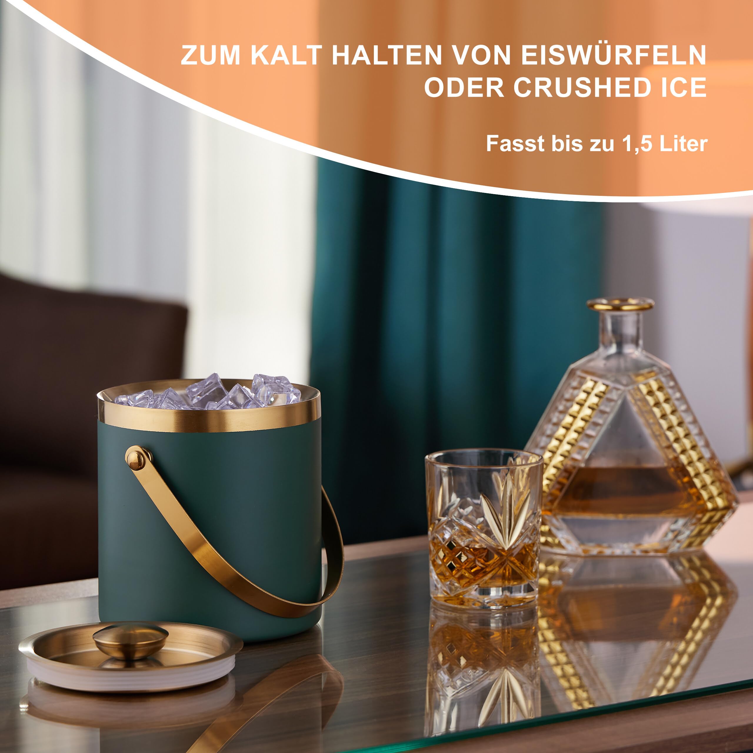 Relaxdays Eiswürfelbehälter, Edelstahl, doppelwandig, Eiseimer mit Deckel & Henkel, 1,5 l, Eiswürfelkübel, grün/Gold