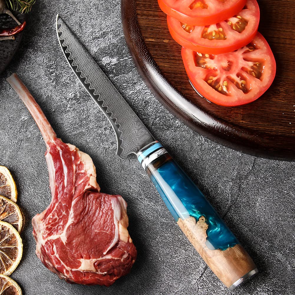 三徳包丁 ダマスカス包丁 刃渡り175mm, キッチン用 ブルー樹脂木製ハンドル