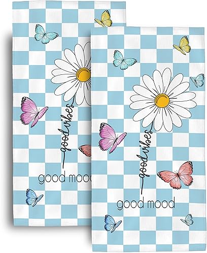 Lilenyu Juego de 2 toallas de mano con diseño de margaritas y mariposas para decoración de baño, 14 x 28 pulgadas, diseño floral azul y blanco, para