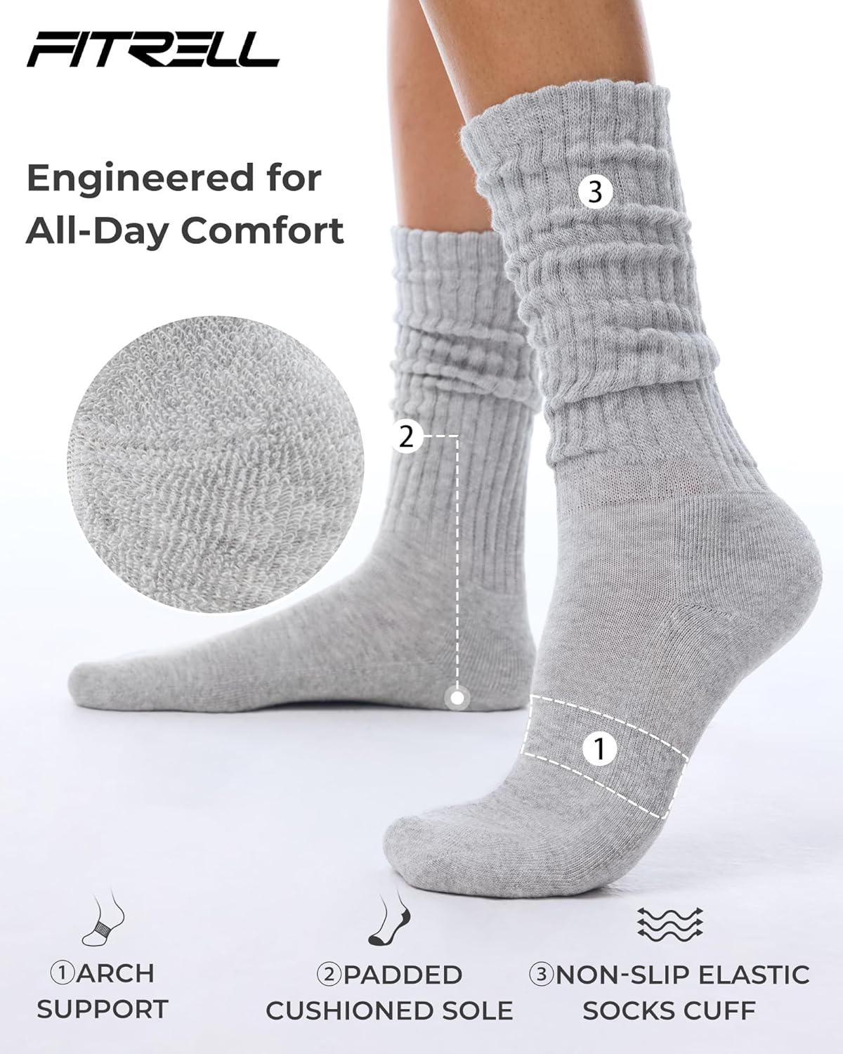 FITRELL Slouch Socks for Women, 3 Pairs Soft Cotton Knee High Scrunch Tube Boot Socks - Image 3