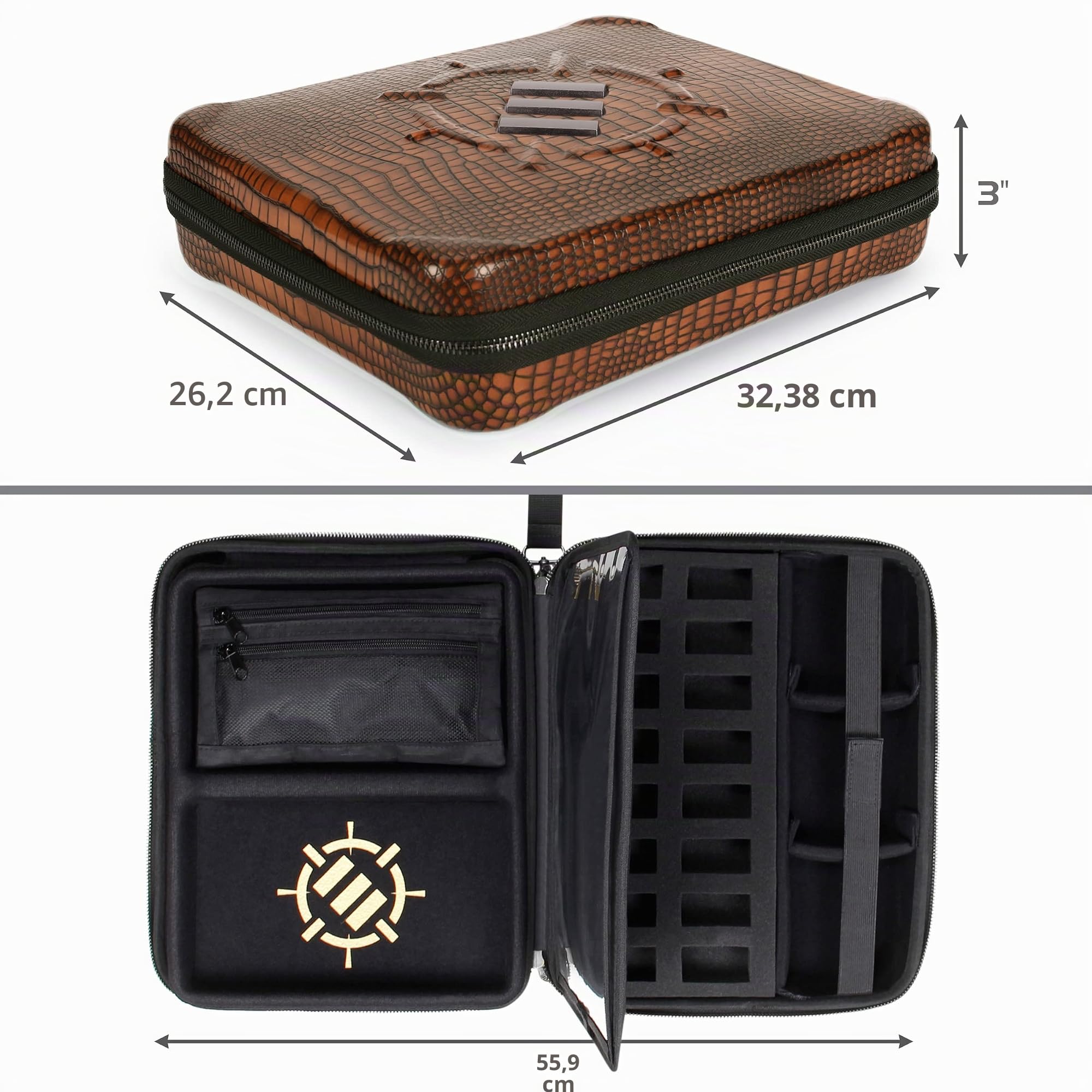 Enhance RPG-Organizer-Tasche – DND-Ordner mit integriertem Zeichenblatthalter und löschbarem Anreißfeld, Würfelrollbereich, Abnehmbarer Stifttasche, Miniatur-Schaumstoffablage, Handgelenkschlaufe