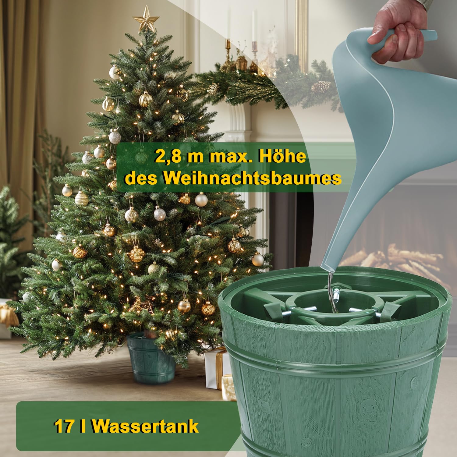 Stojak na choinkę Ø 34 cm | Stojak na choinkę dla drzew o średnicy do Ø 9,5 cm - 2,8 m | Stojak na choinkę z nawozem drzewnym dla stabilnej i trwałej dekoracji świątecznej, wydłuża świeżość drzewa |