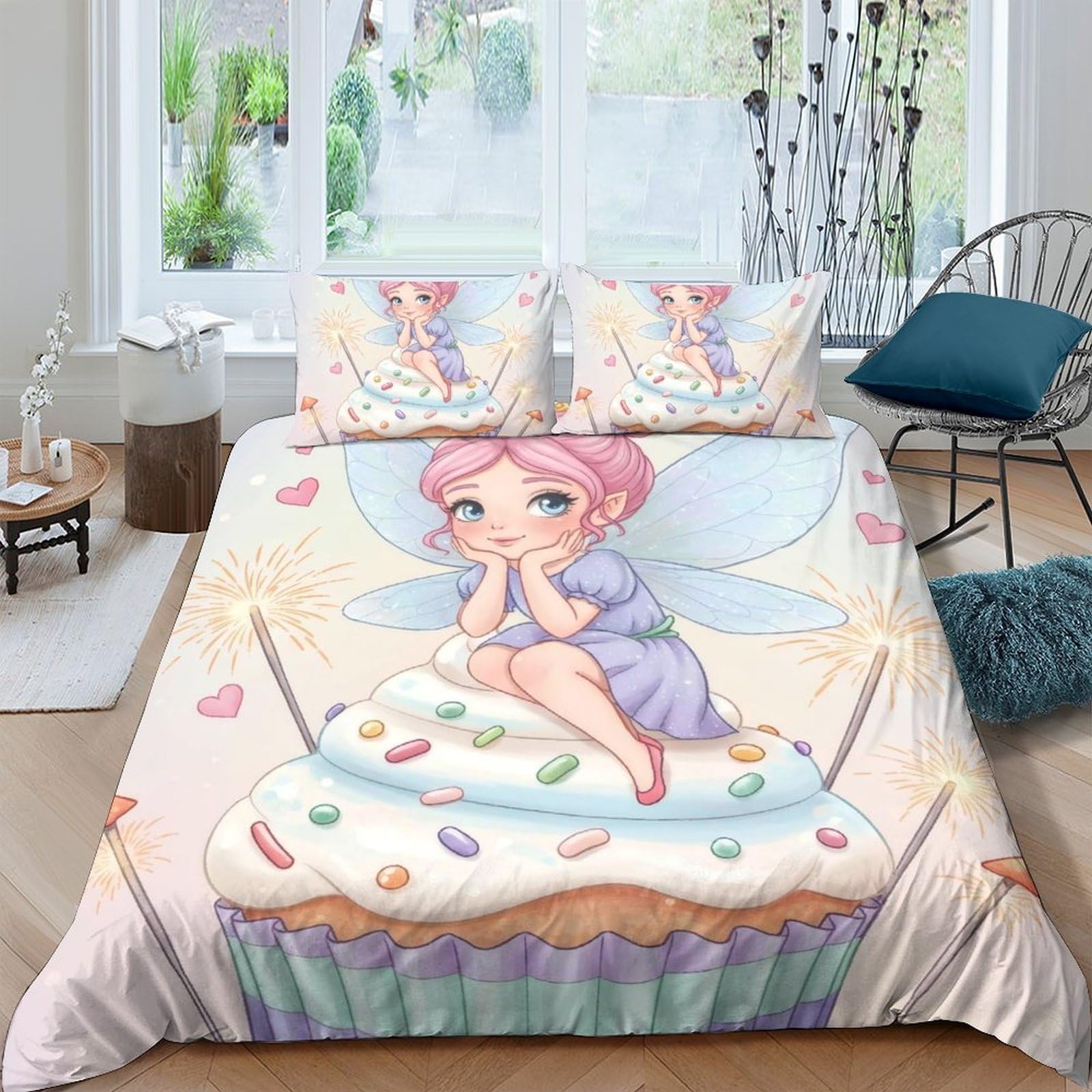 GPLZQXKJNH 3D Printed Fairy Cupcake Duvet Cover Microfiber Soft Pastel Bedding Set with 2 Pillowcases for Bedroom Decor Single（135x200cm）