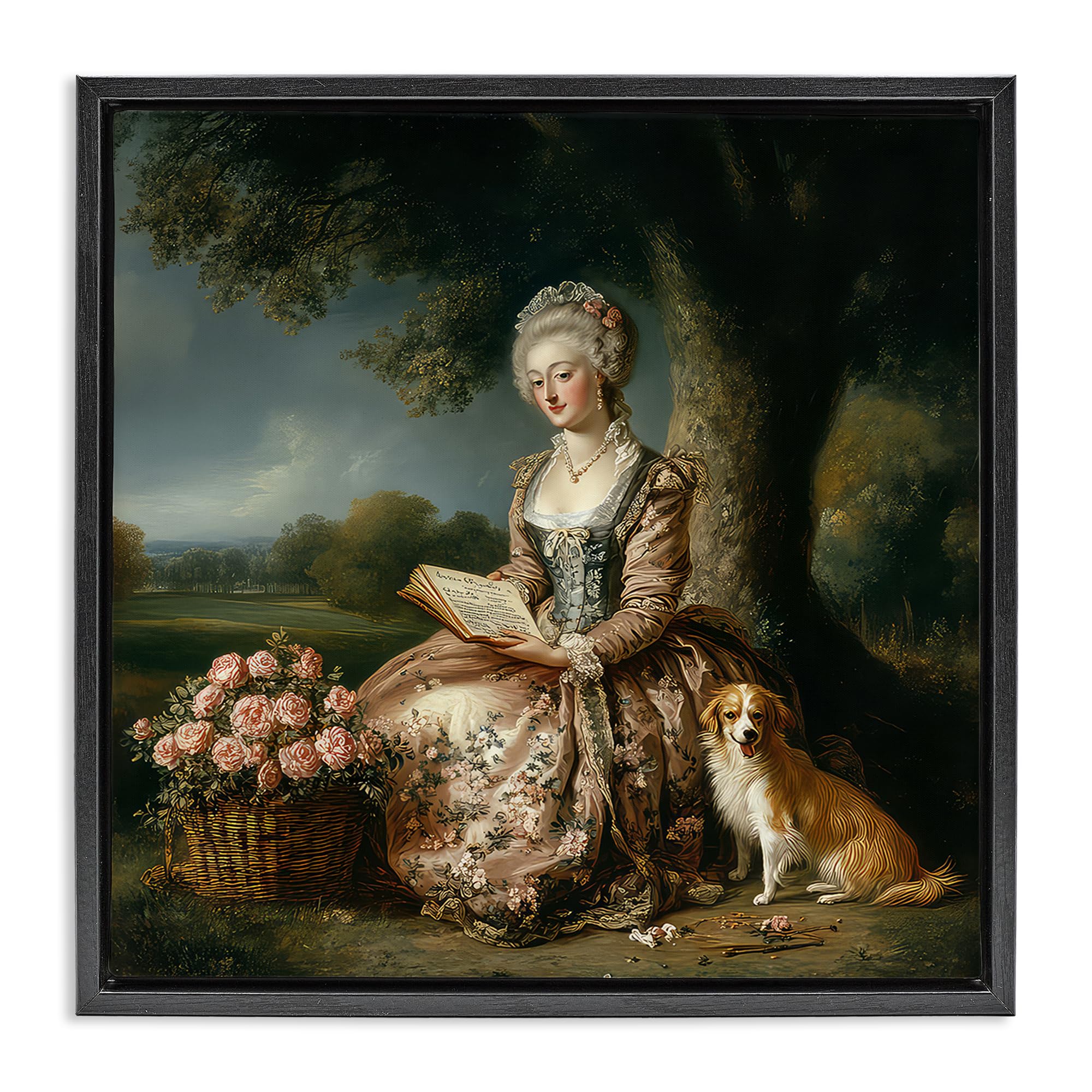 Stupell Industries Jet Black (Matte) 'Rococo Woman With Dog'| Floating Frame Canvas Art