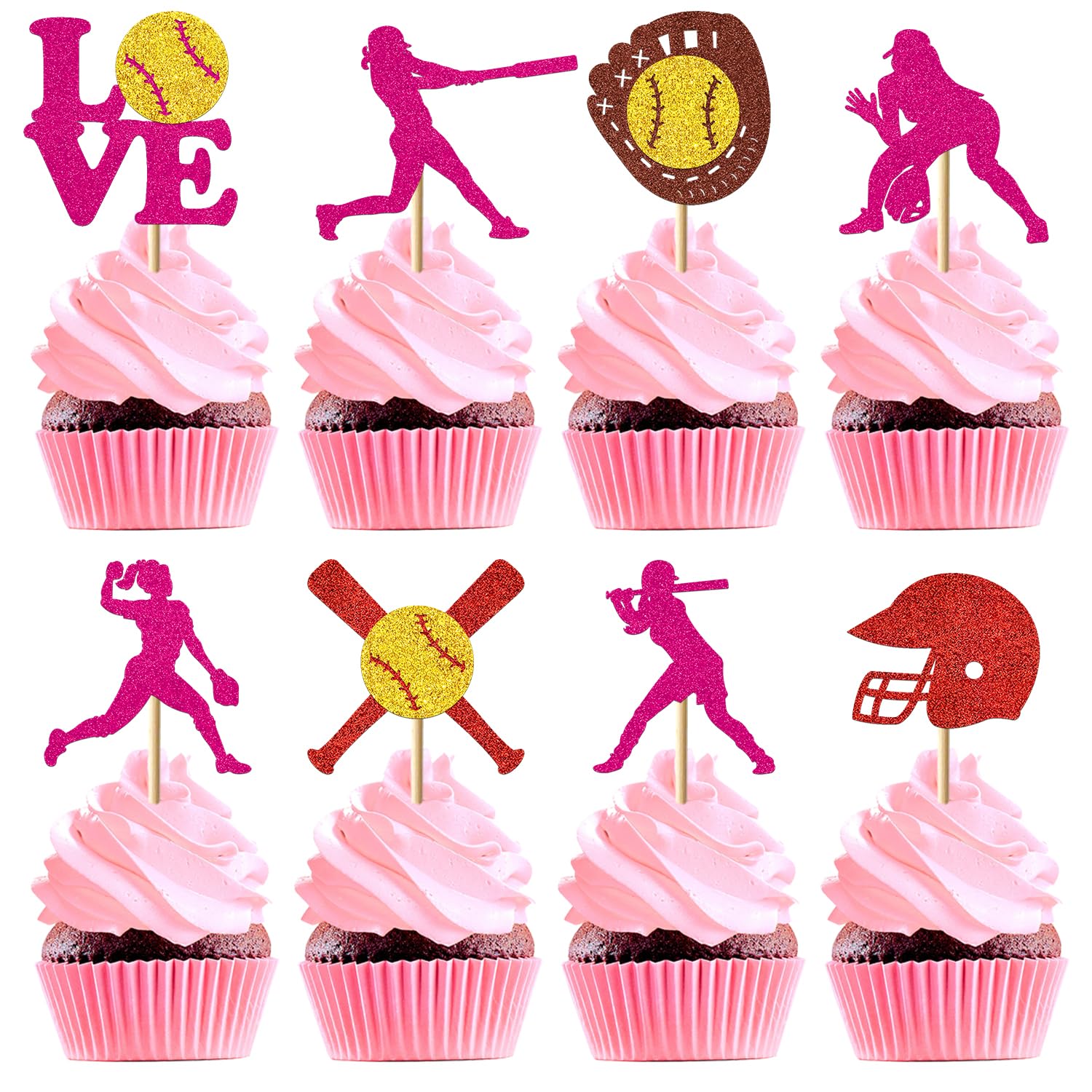 24Pcs Softball Cupcake Topper Decorations Glitter Softball Birthday Cake Decorations for Girls Baby Shower Party Decorations Supplies