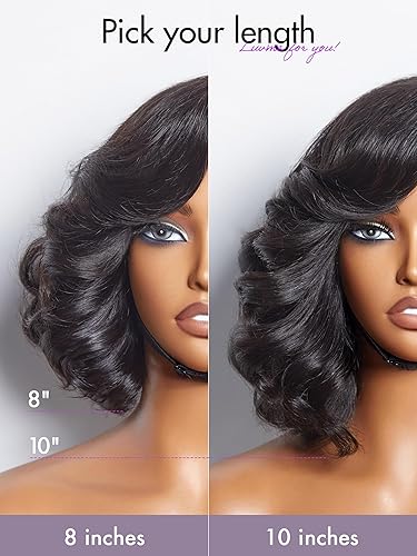 Miniatura 7 de LUVME HAIR Peluca de cabello humano negro natural de 10 pulgadas, precortada, sin pegamento, cierre de encaje HD, peluca de cabello maduro grande y