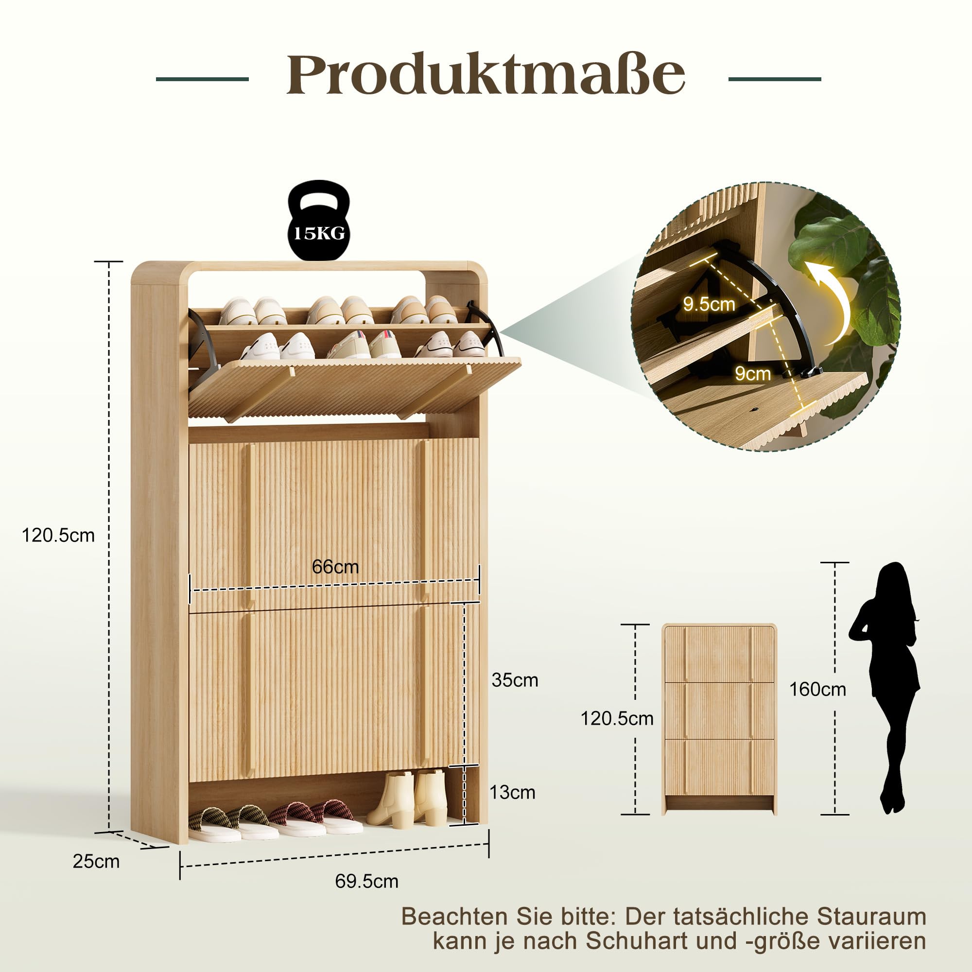 LUXOAK 120 cm Schuhschrank, 3 Klappen, verstellbare Fächer, Sonoma-Eiche | 18-21 Paar Schuhe, Fluted-Oberfläche, Kippsicherung, 25 cm Slim-Design, Schnelle Montage