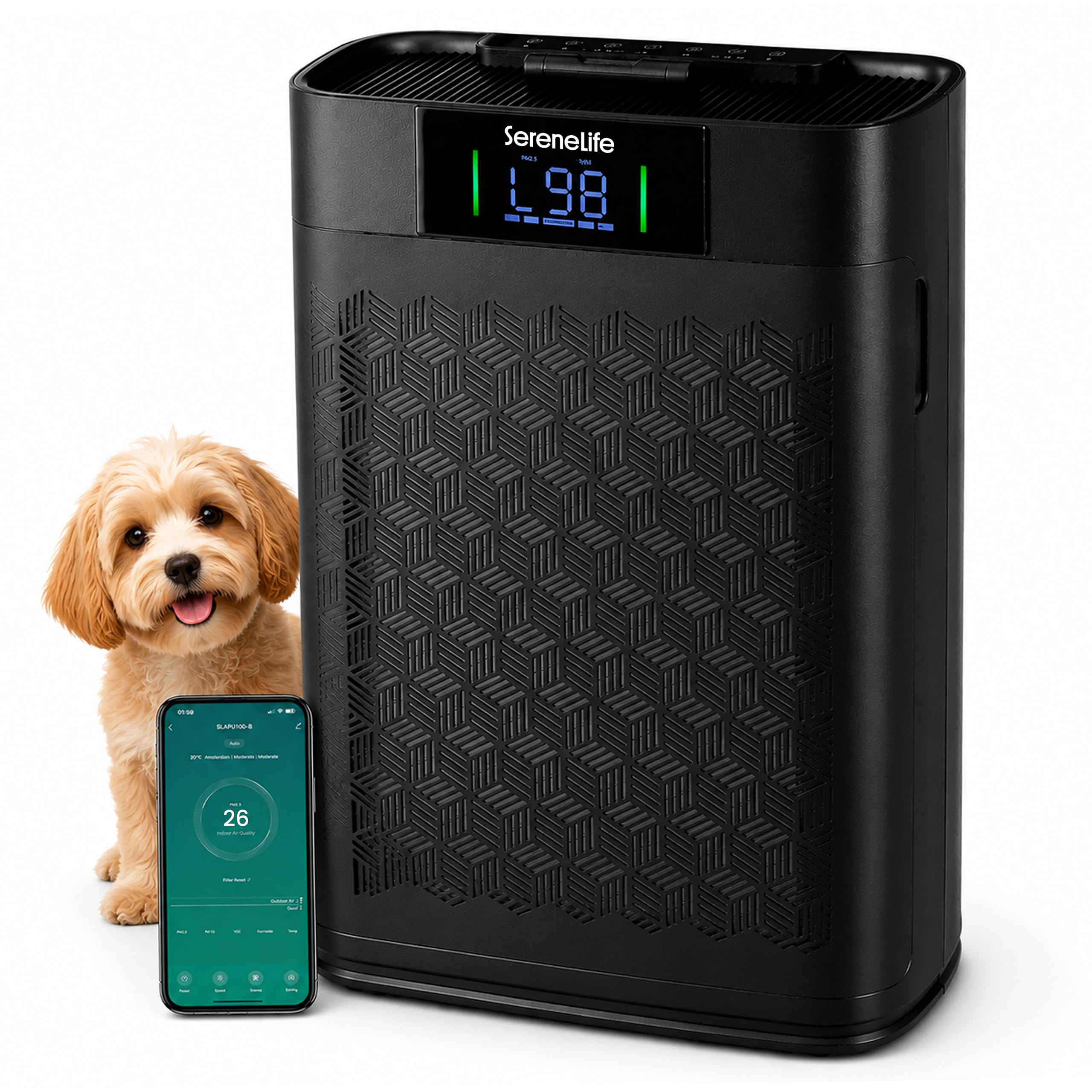 SereneLife purificador de aire HEPA para el hogar, Control Inteligente por WiFi y app, Ultra silencioso, Elimina polvo, Pelo de mascotas y olores, Cubre hasta 100 m²