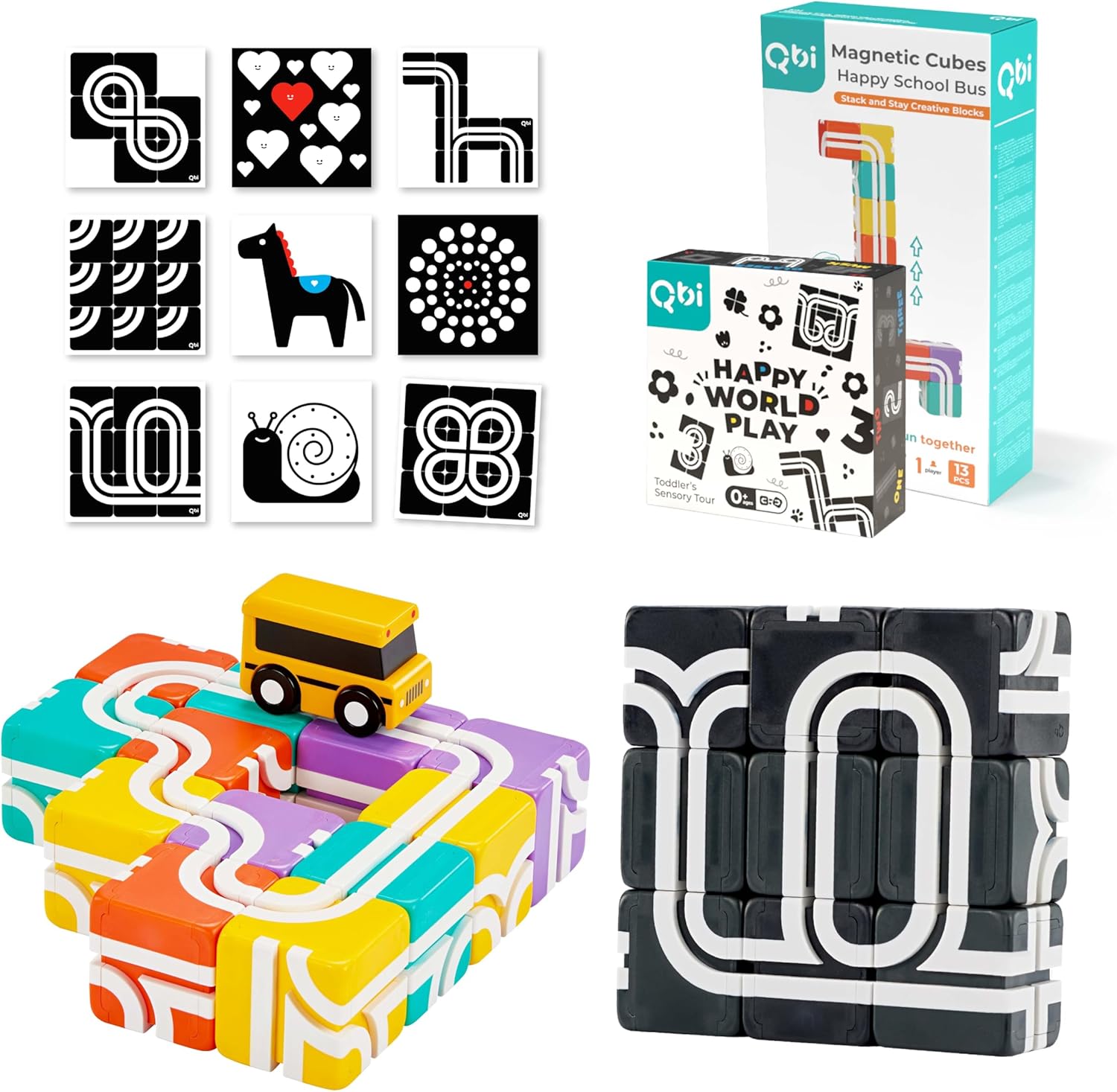 QBI Toy 2 Sets Combo | Happy School Bus & Happy World Play, Magnet Building Tiles, Colorful Blocks Construction Educational STEM Toys with Kids car for 1+ Year Old Boys & Girls (13 pcs+ 9 pcs)