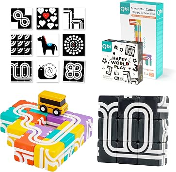 QBI Toy 2 Sets Combo | Happy School Bus & Happy World Play, Magnet Building Tiles, Colorful Blocks Construction Educational STEM Toys with Kids car for 1+ Year Old Boys & Girls 13 pcs+ 9 pcs
