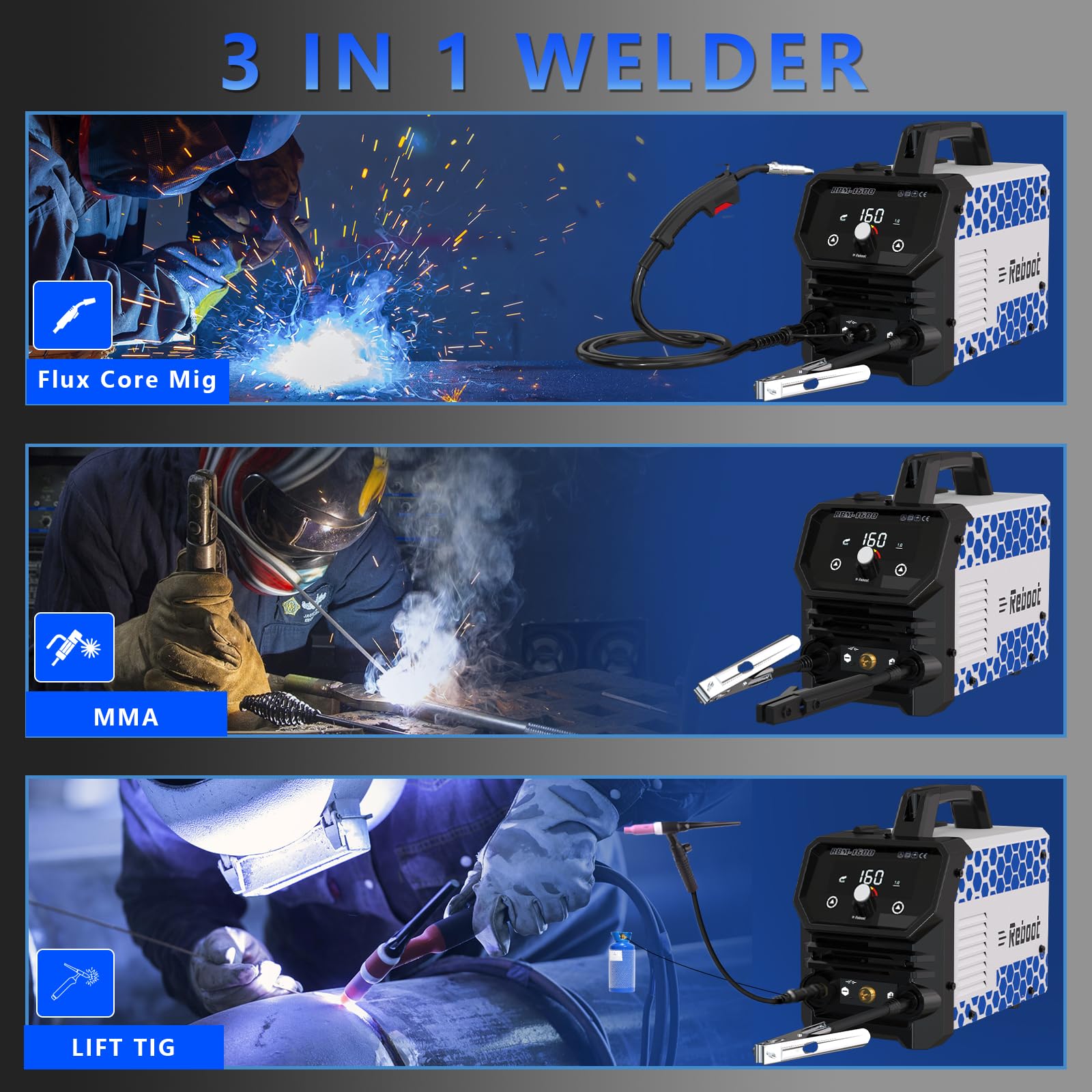 Reboot 135A Flux Core MIG Saldatrice 120V 3-in-1 Gasless MIG Stick Lift TIG